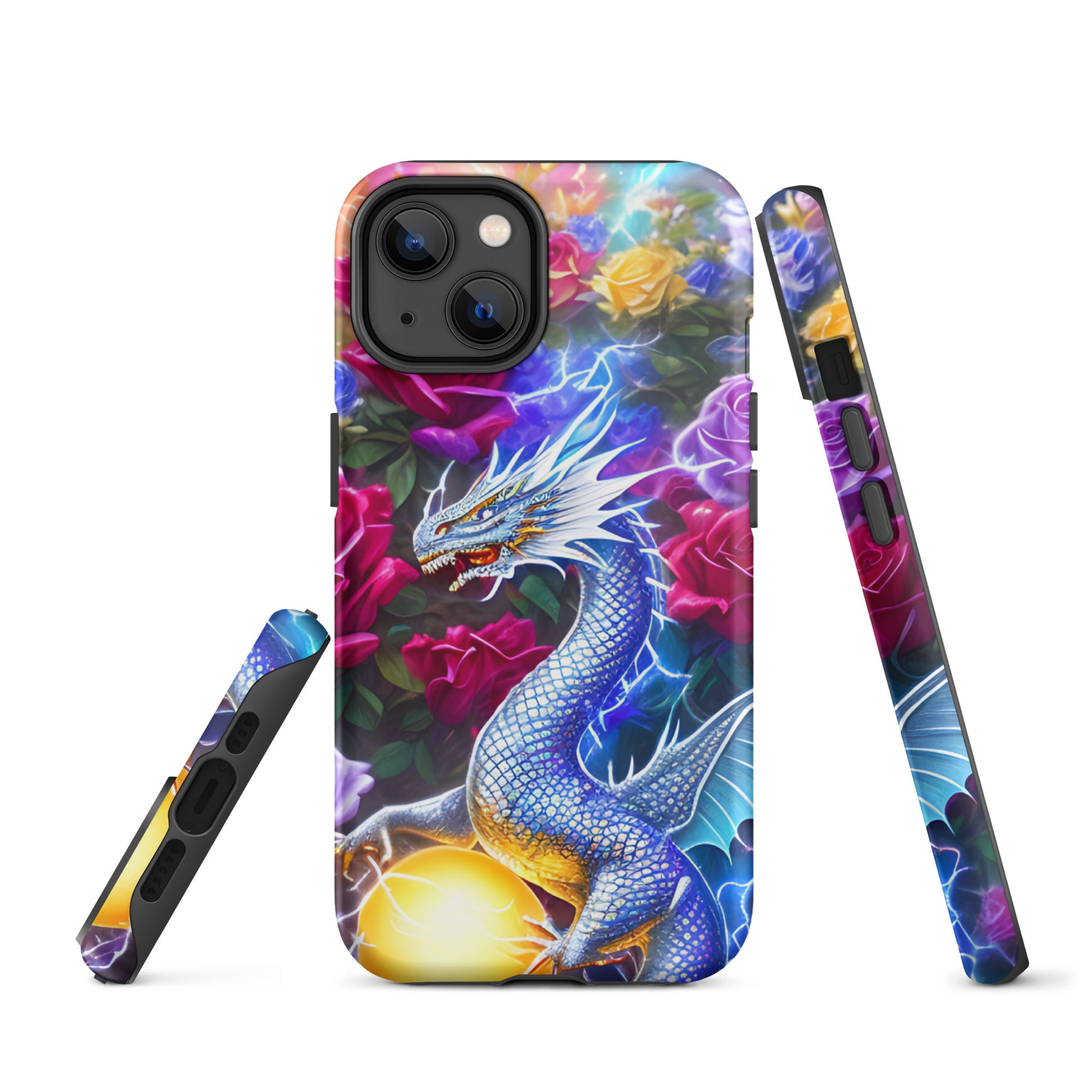 A fantasy picture of Dragon Garden #4 iPhone tough case with many colorful roses and in the middle is a white and blue dragon with a gold dragon egg and crackling lightning bolts - glossy-iphone-14-front