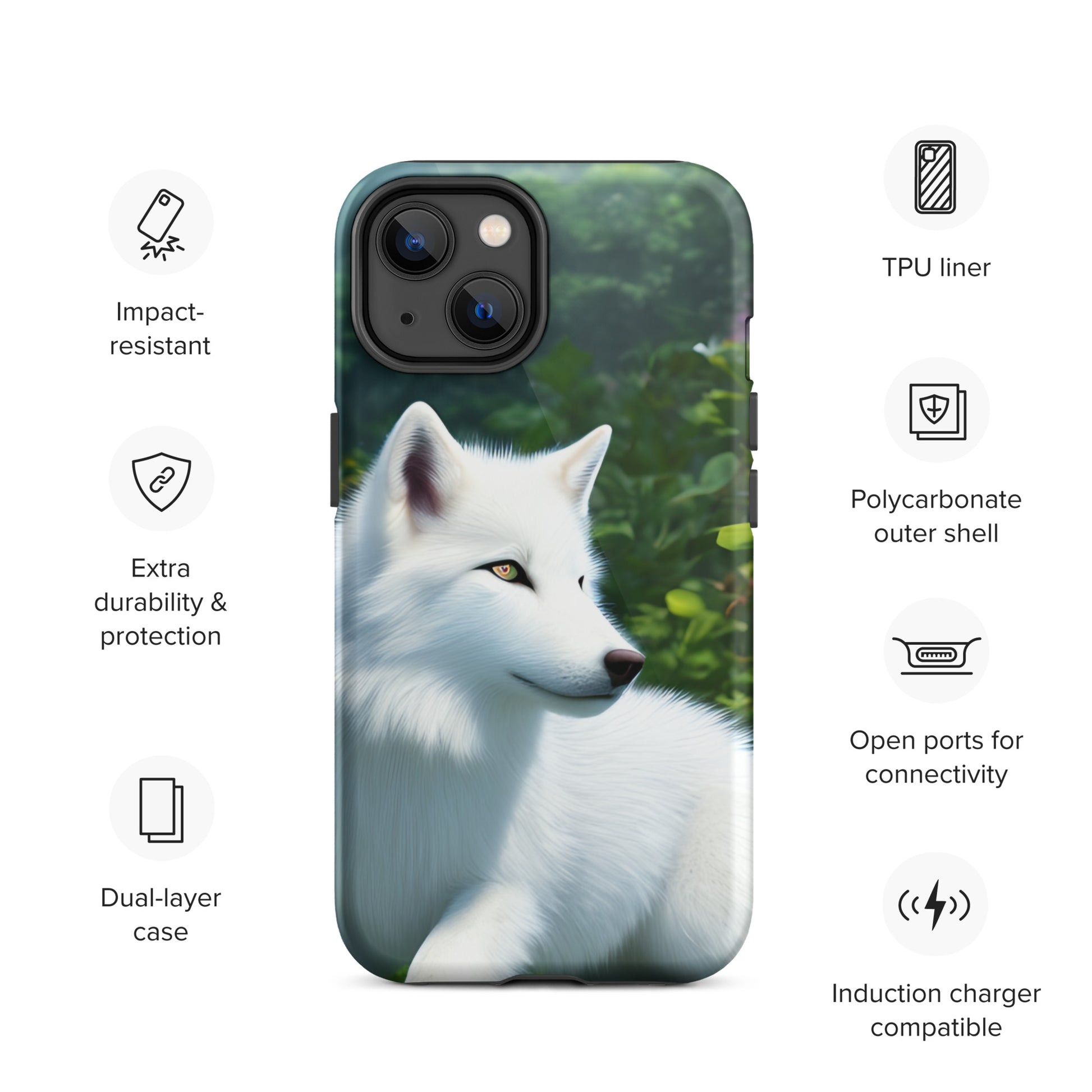 A fantasy picture of White Wolf #2 iPhone tough case with a pure white wolf laying down head up and alert - glossy-iphone-14-front