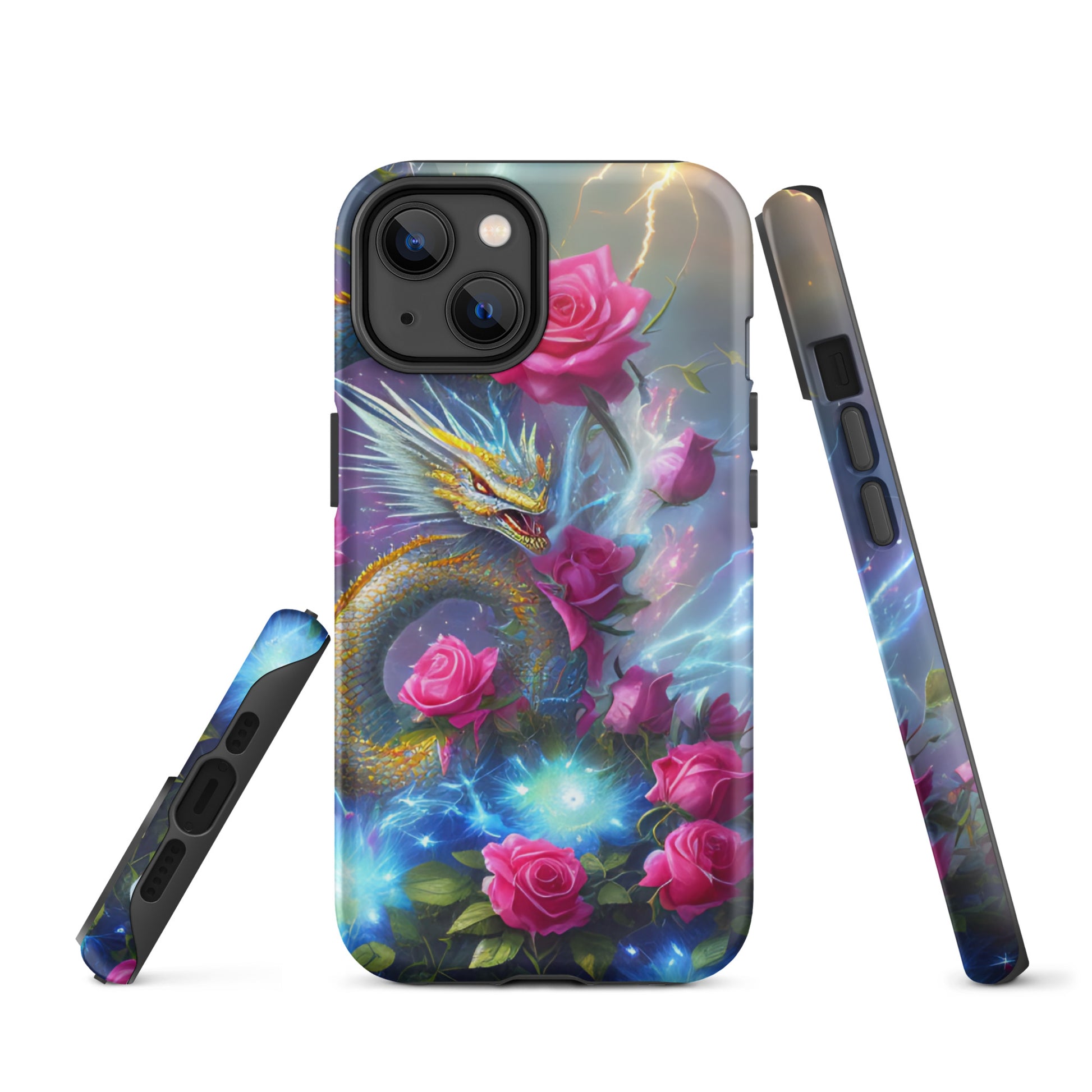 A fantasy picture of Dragon Garden #3 iPhone tough case with pink of roses and in the middle is a blue and gold dragon with colorful lightning bolts - glossy-iphone-14-front