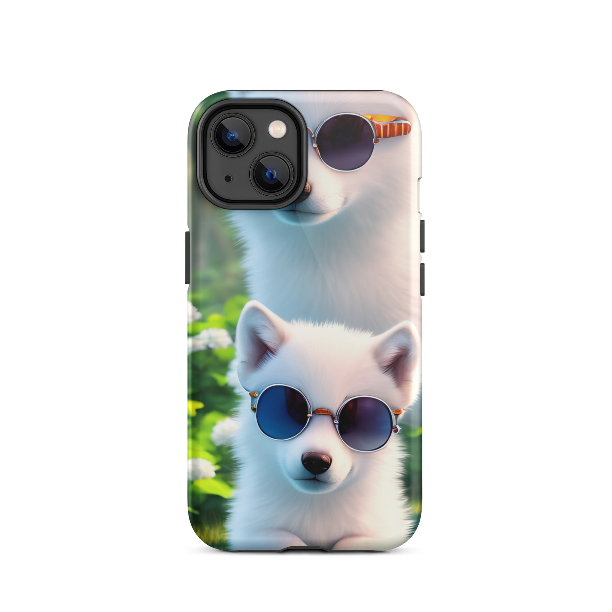 A fantasy picture of 2 white wolf cubs wearing sunglasses iPhone tough case with many colored flowers and 2 wolf cubs  - glossy-iphone-14-front