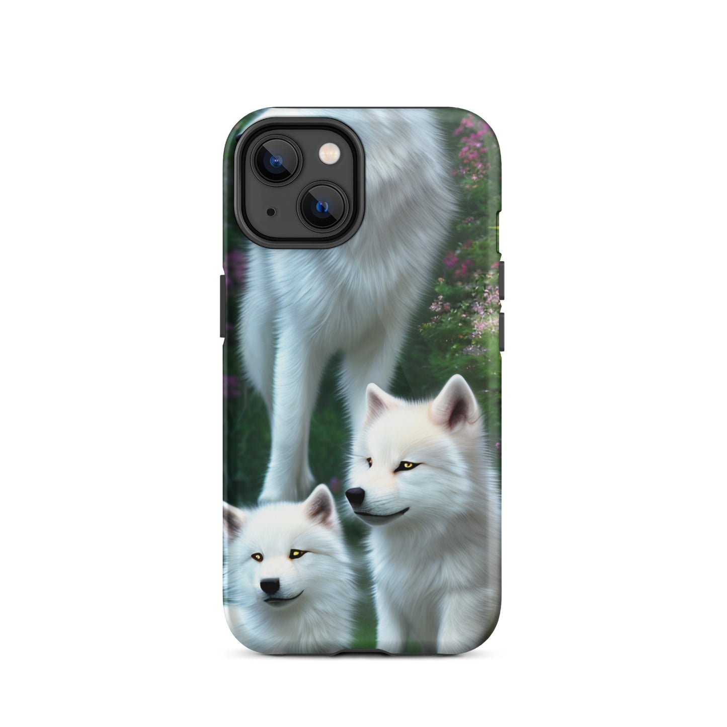 A fantasy picture of white wolves iPhone tough case with many colored flowers and 2 wolf cubs bottom front with an Mother Wolf standing behind - glossy-iphone-14-front