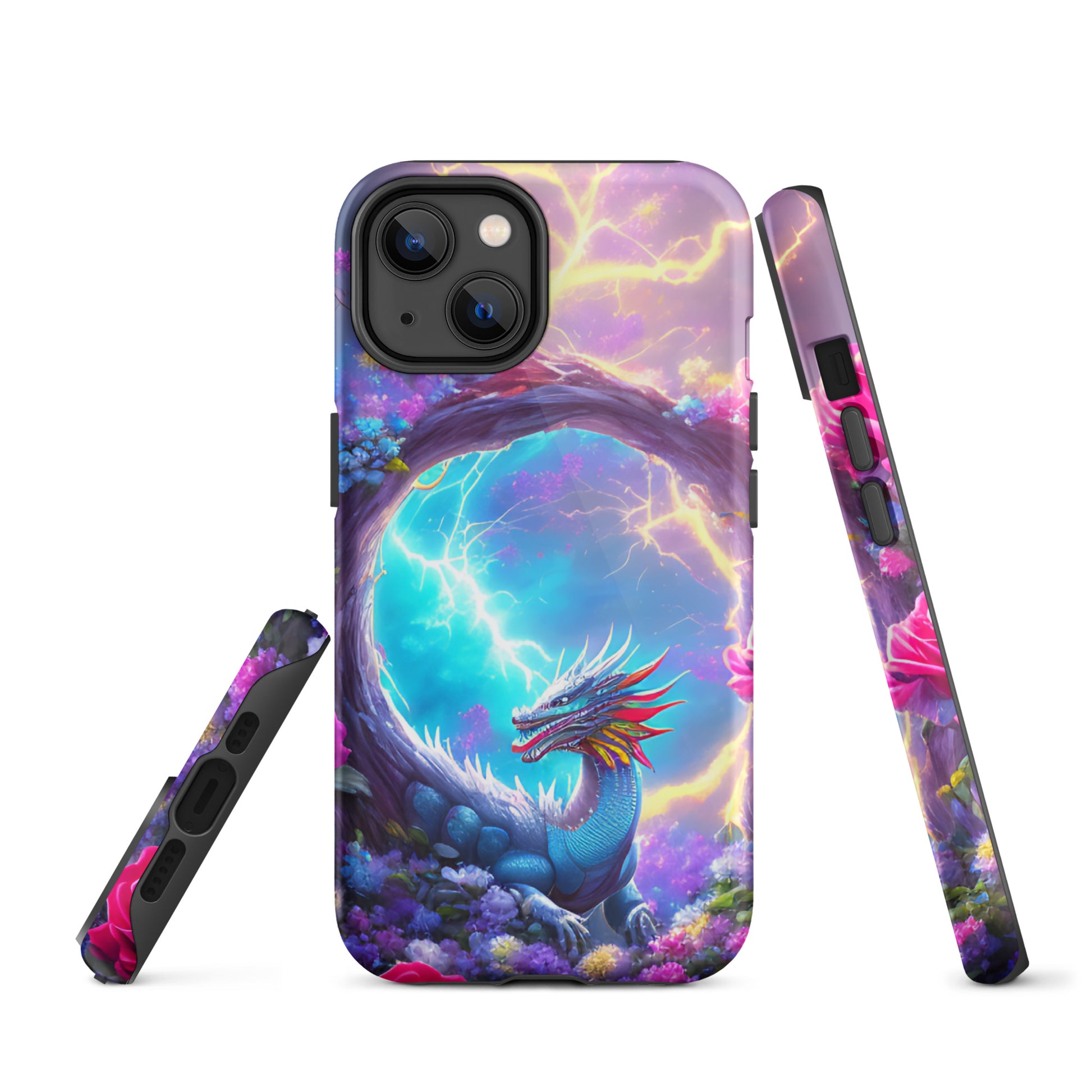 A fantasy picture of Dragon Garden iPhone tough case with many colors of roses and in the middle is a rainbow dragon with lightning bolts - glossy-iphone-14-front