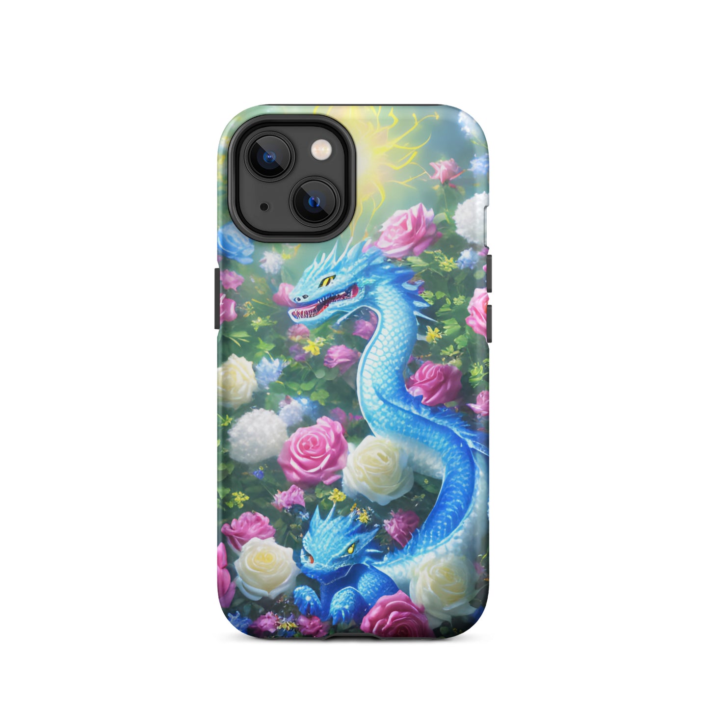 A fantasy picture of Dragon Garden #5 iPhone tough case with many colors of roses and in the middle is a blue dragon with it's baby - glossy-iphone-14 front