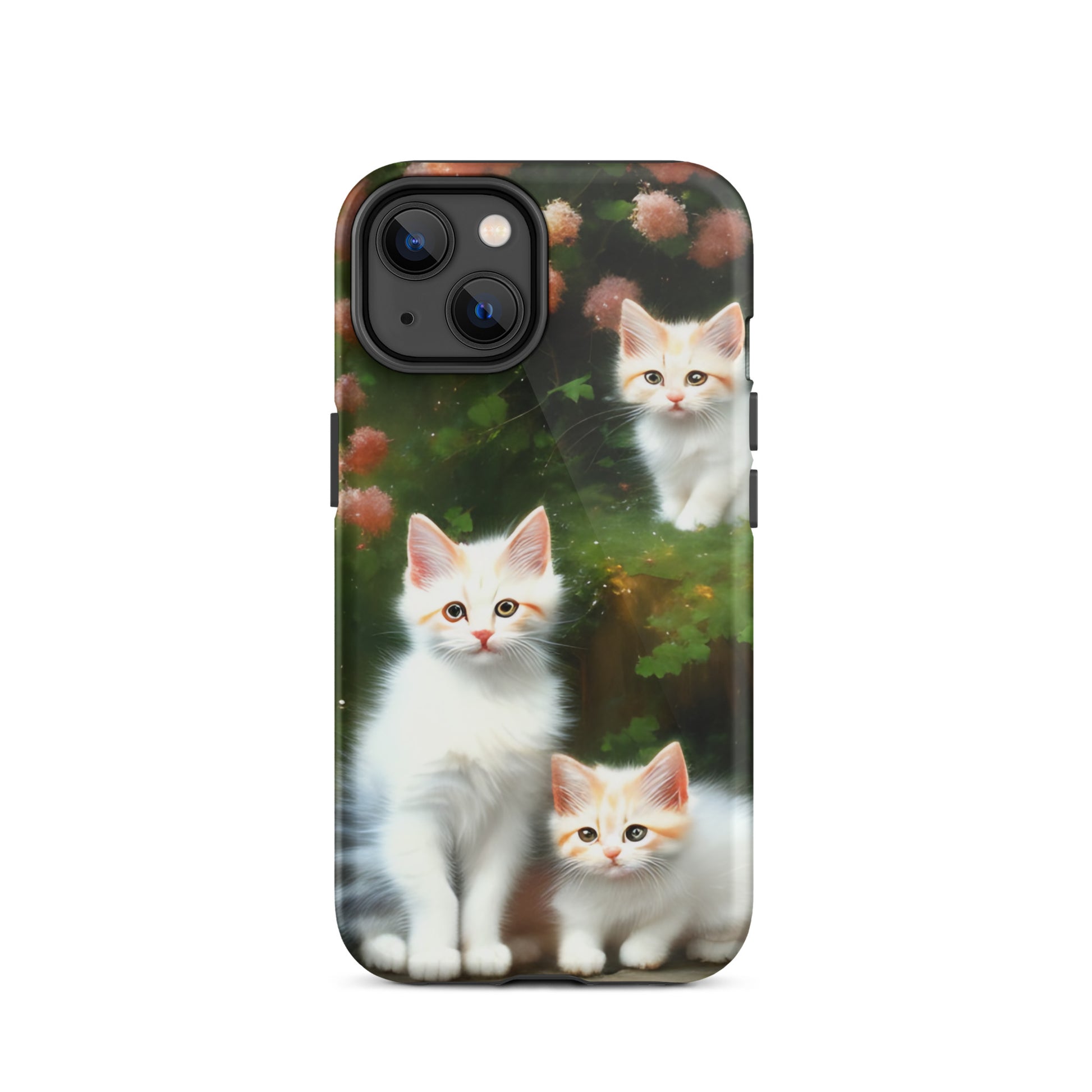 A picture of a iphone tough case with 3 fluffy white and orange kittens and peach colored flowers in the background - glossy-iphone-14-front