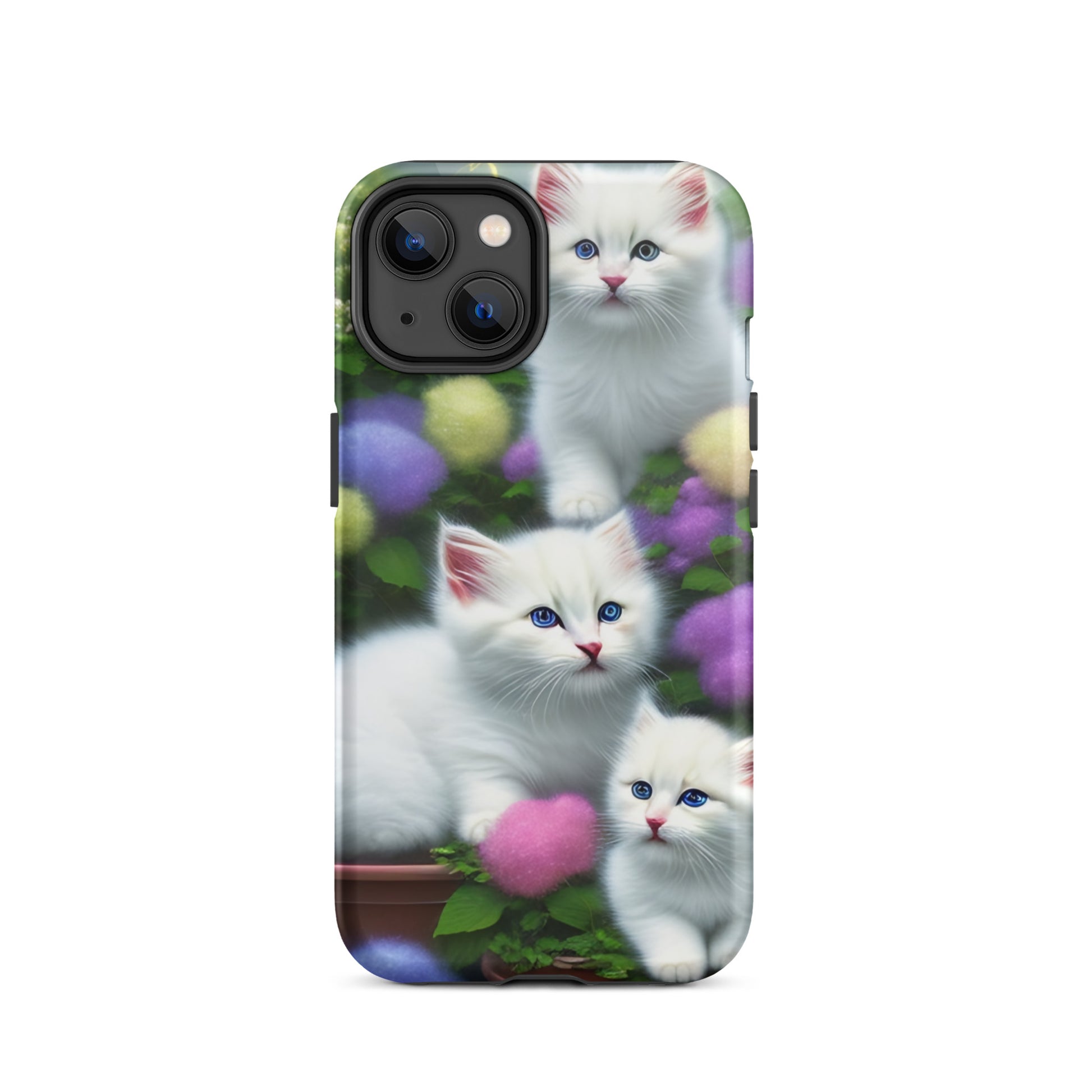 A picture of a iphone tough case with a picture of 3 pure white kittens with blue eyes in a garden filled with flowers - glossy-iphone-14-front
