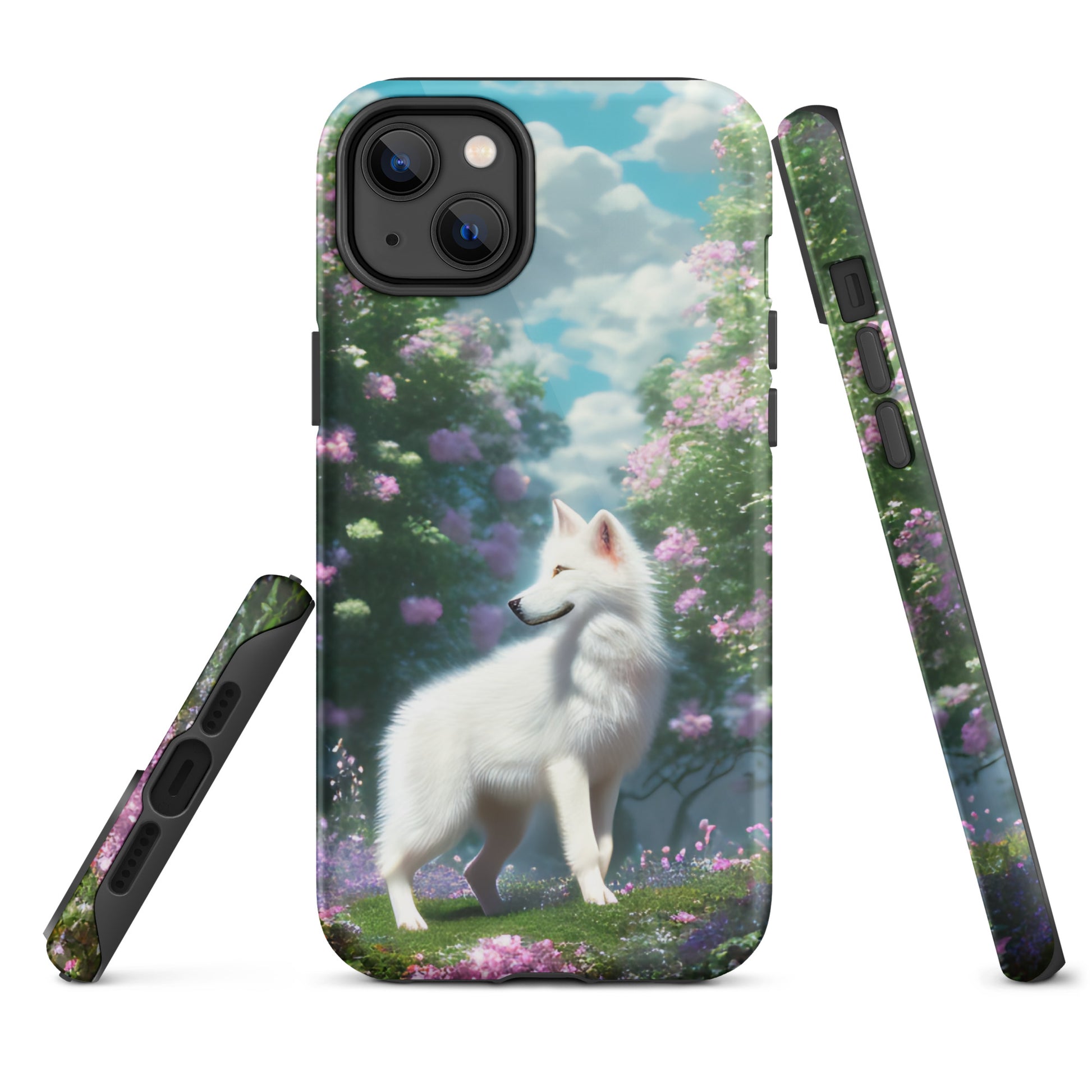 A fantasy picture of white wolf iPhone tough case full picture of a lone white wolf standing in a garden full of flowers - glossy-iphone-14-plus-front