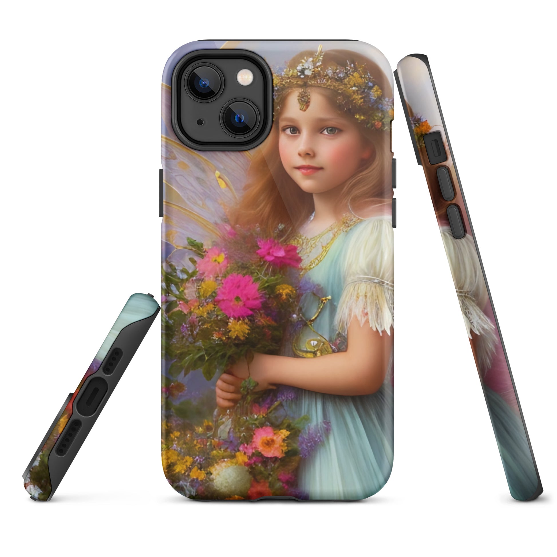 A picture of a iphone tough case with a beautiful young fairy princess, glittering crown and detailed dress. She is holding a bunch of colorful flowers and has very pretty fairy wings   - glossy-iphone-14-plus-front