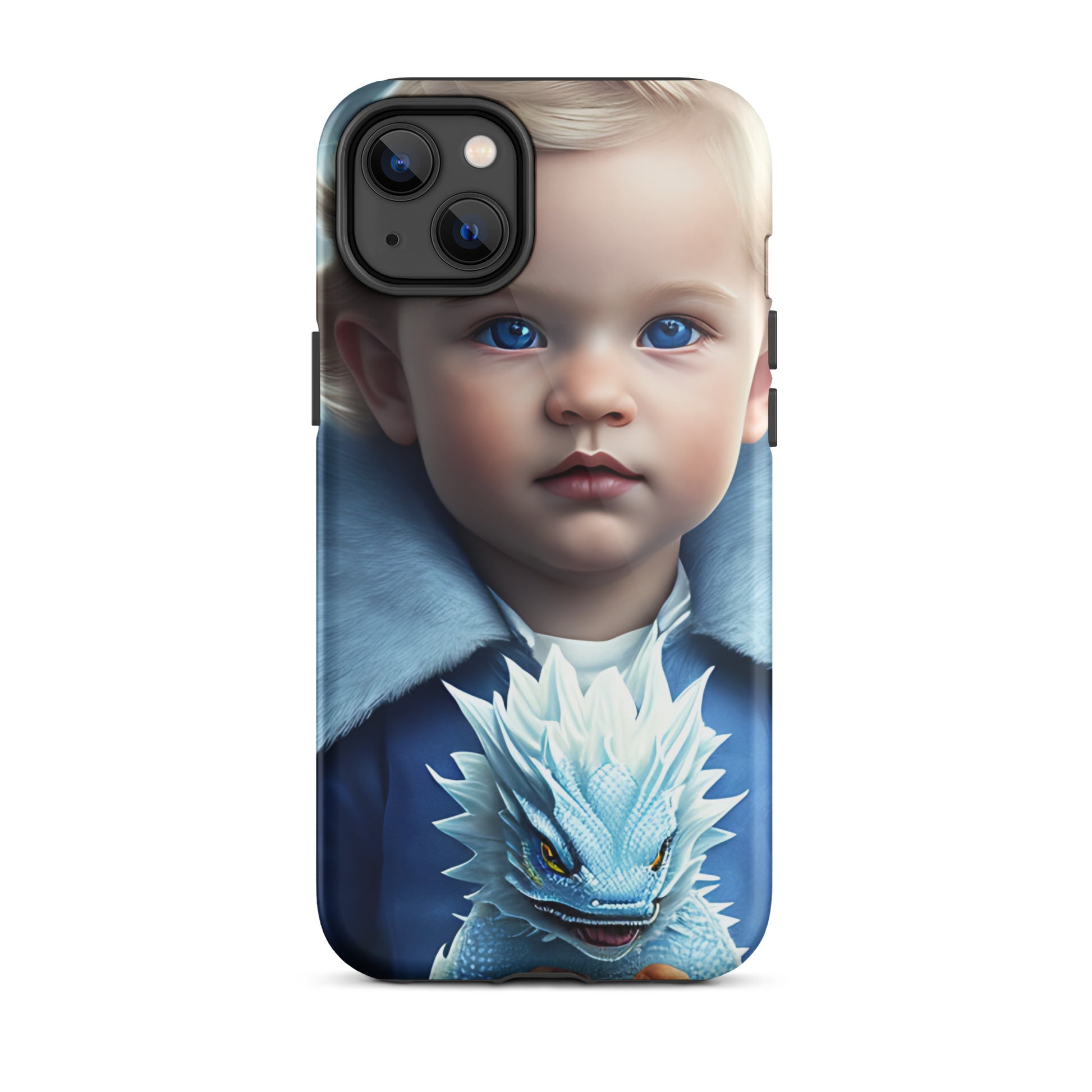 A picture of a an iphone case with a blond haired blue eyed boy, blue top holding a baby ice dragon in front - Dragon Prince #2 tough iphone case - glossy-iphone-14-plus-front