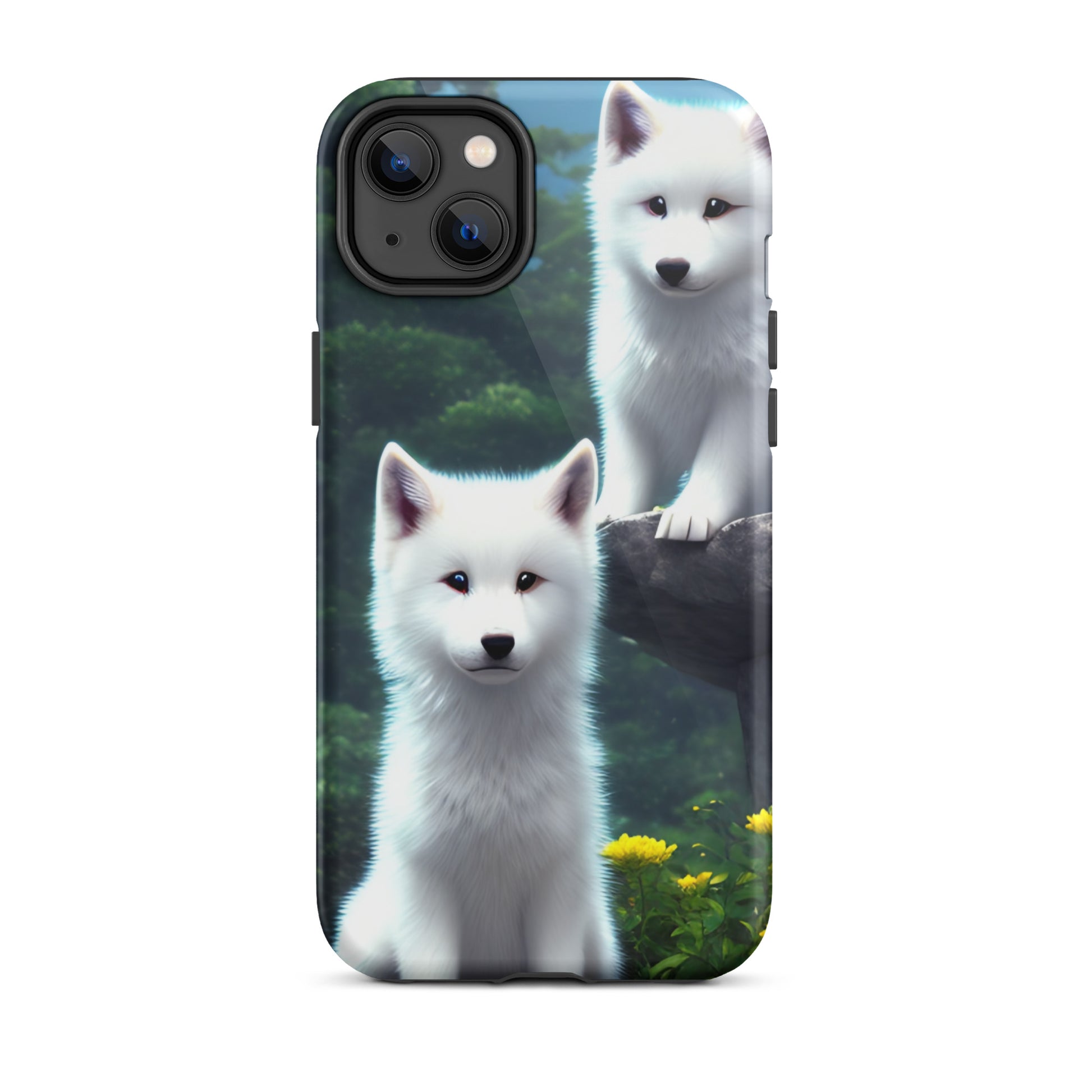 A fantasy picture of 2 white wolf cubs sitting looking straight on iPhone tough case - glossy-iphone-14-plus-front