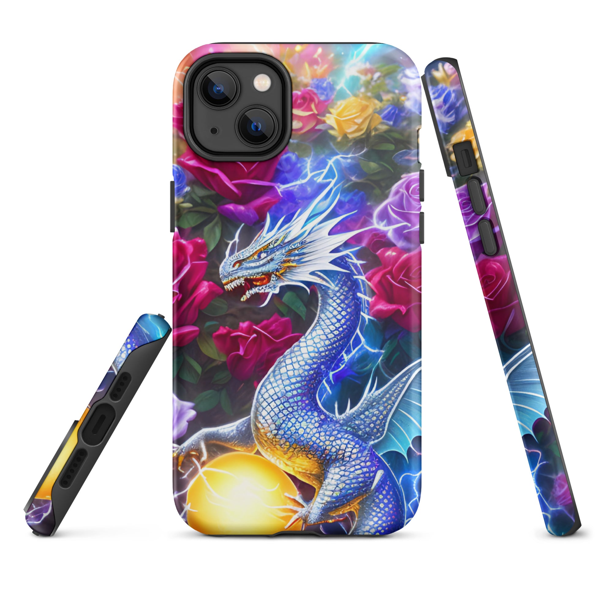 A fantasy picture of Dragon Garden #4 iPhone tough case with many colorful roses and in the middle is a white and blue dragon with a gold dragon egg and crackling lightning bolts - glossy-iphone-14-plus-front