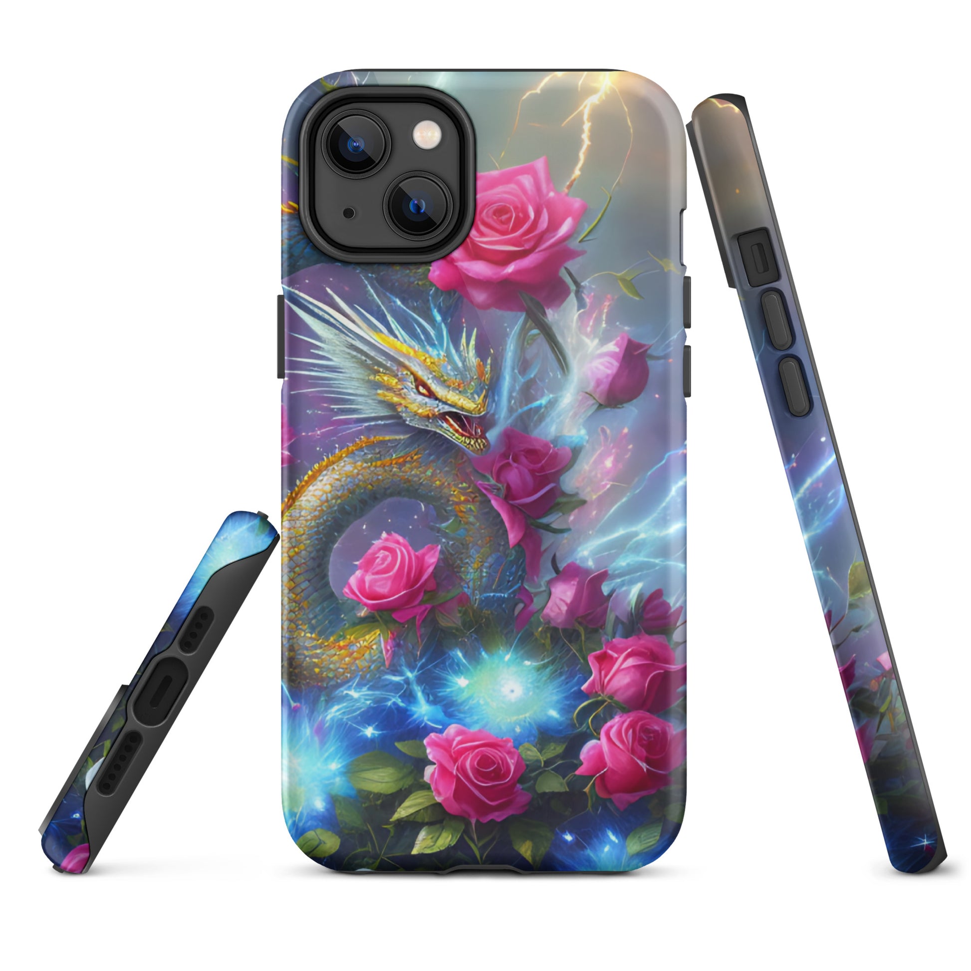 A fantasy picture of Dragon Garden #3 iPhone tough case with pink of roses and in the middle is a blue and gold dragon with colorful lightning bolts - glossy-iphone-14-plus-front