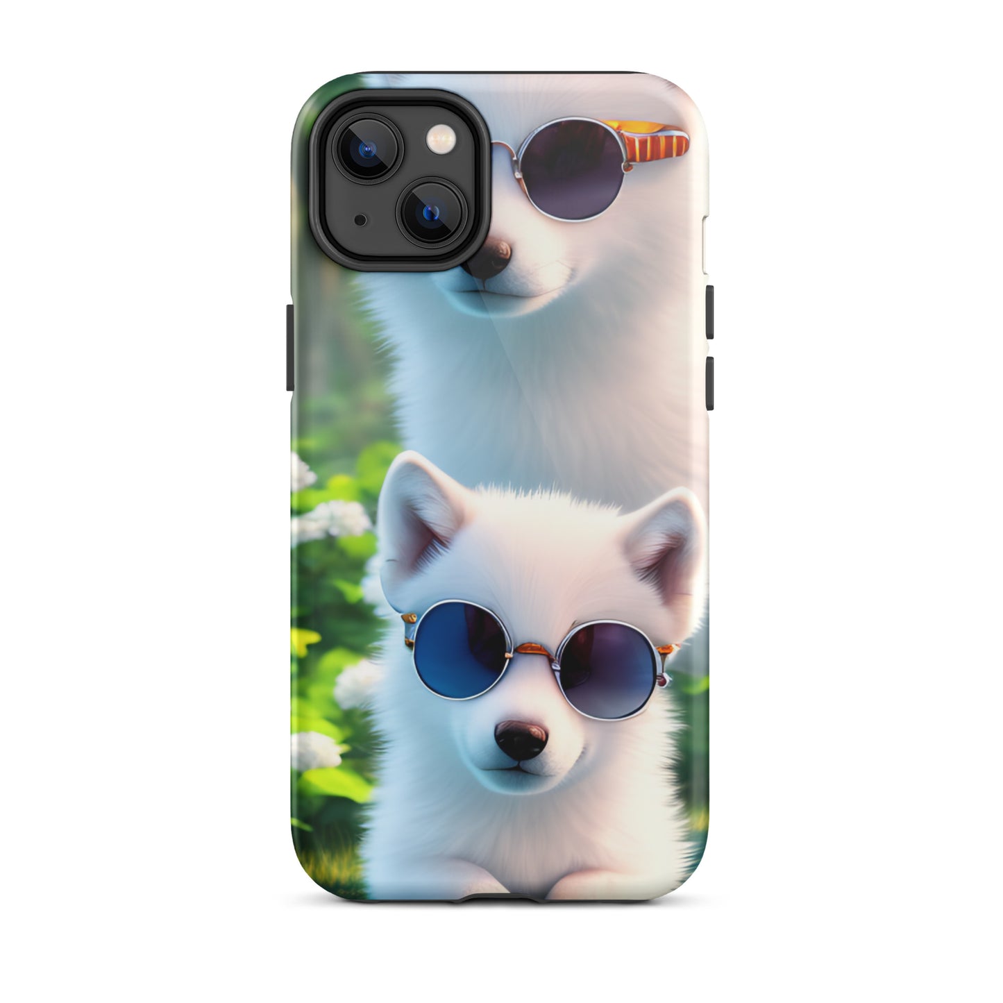A fantasy picture of 2 white wolf cubs wearing sunglasses iPhone tough case with many colored flowers and 2 wolf cubs  - glossy-iphone-14-plus-front