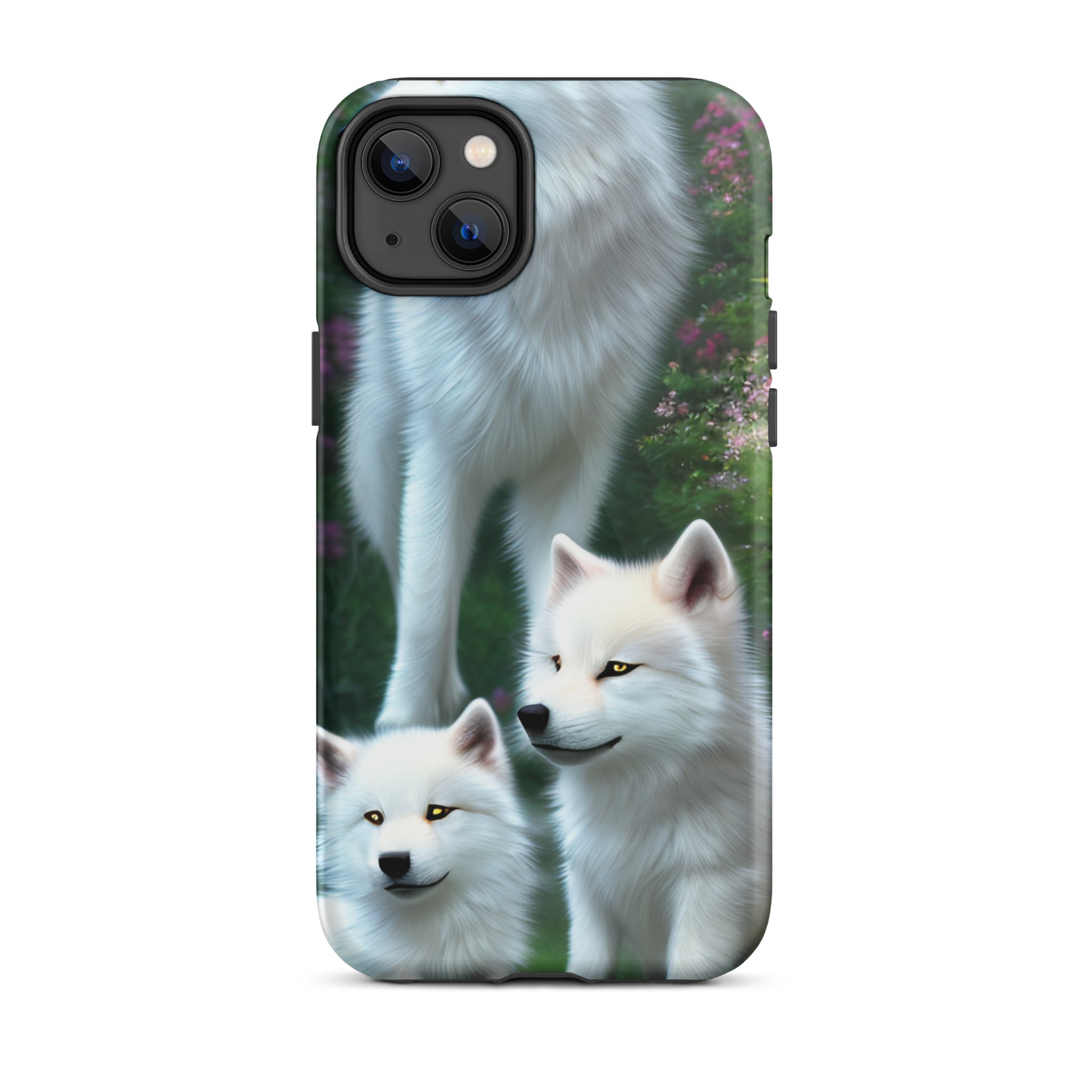 A fantasy picture of white wolves iPhone tough case with many colored flowers and 2 wolf cubs bottom front with an Mother Wolf standing behind - glossy-iphone-14-plus-front