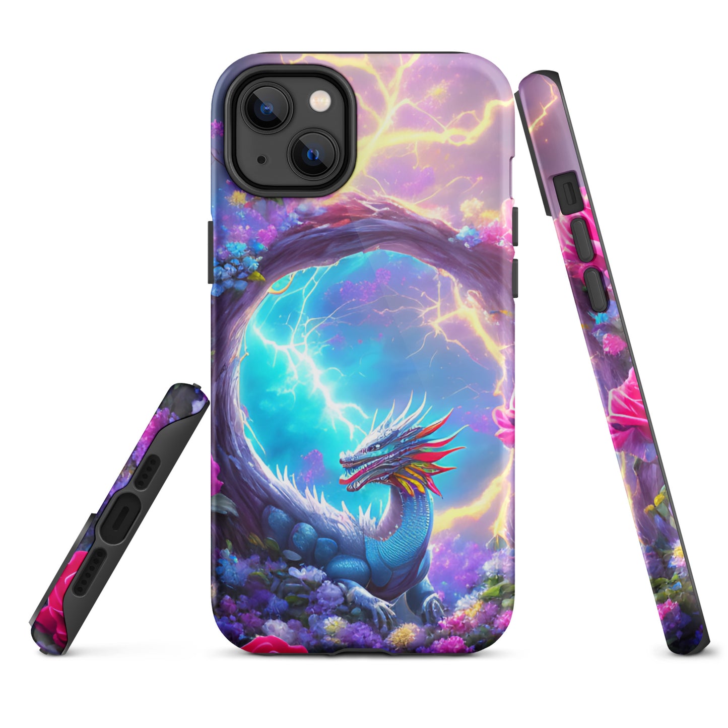 A fantasy picture of Dragon Garden iPhone tough case with many colors of roses and in the middle is a rainbow dragon with lightning bolts - glossy-iphone-14-plus-front