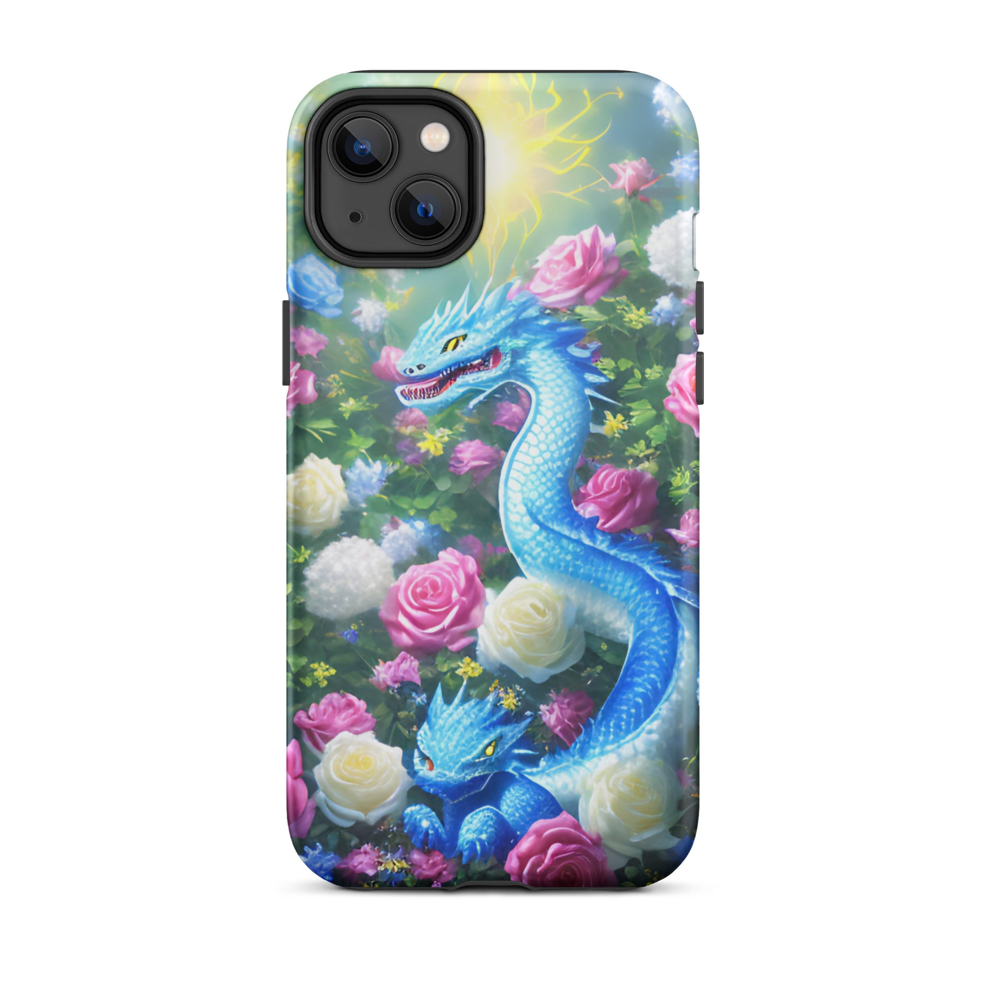 A fantasy picture of Dragon Garden #5 iPhone tough case with many colors of roses and in the middle is a blue dragon with it's baby - glossy-iphone-14-plus-front