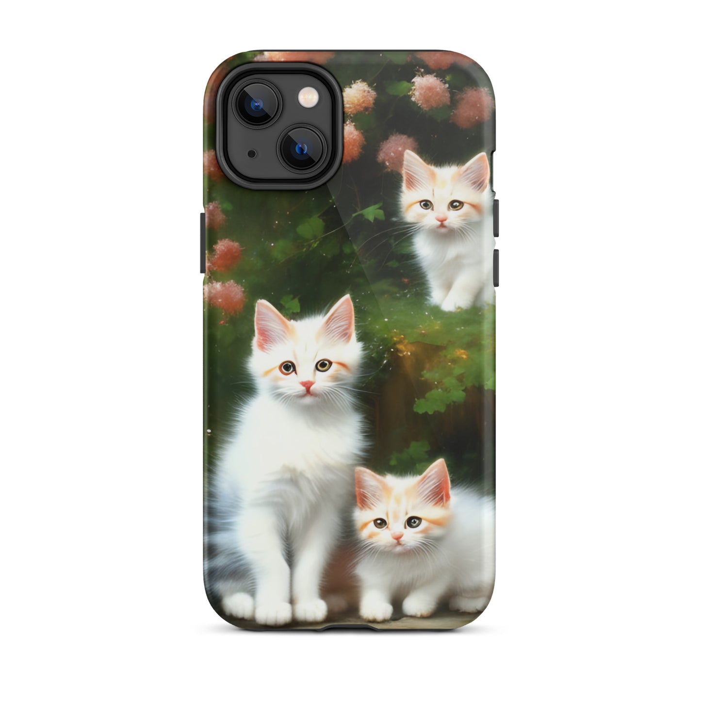 A picture of a iphone tough case with 3 fluffy white and orange kittens and peach colored flowers in the background - glossy-iphone-14-plus-front