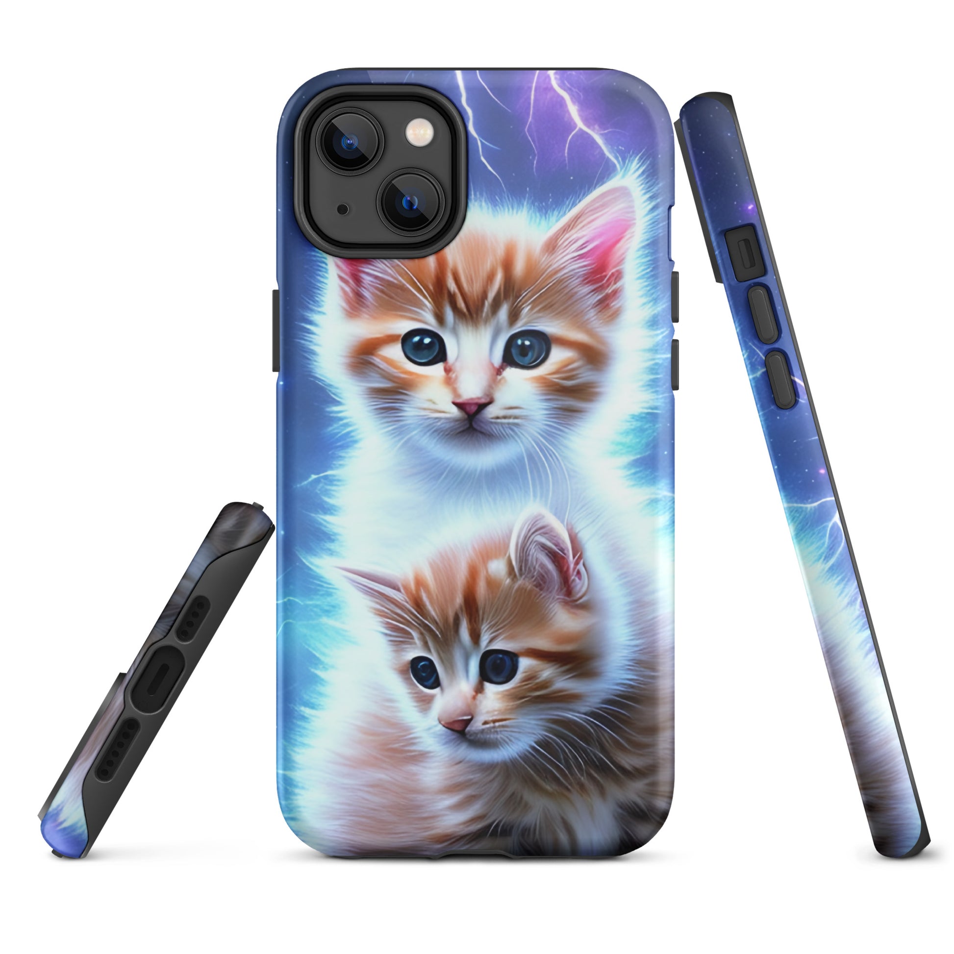 A picture of a iphone tough mobile phone case with fluffy 2 orange and white kittens against a stormy background - glossy-iphone-14-plus-front