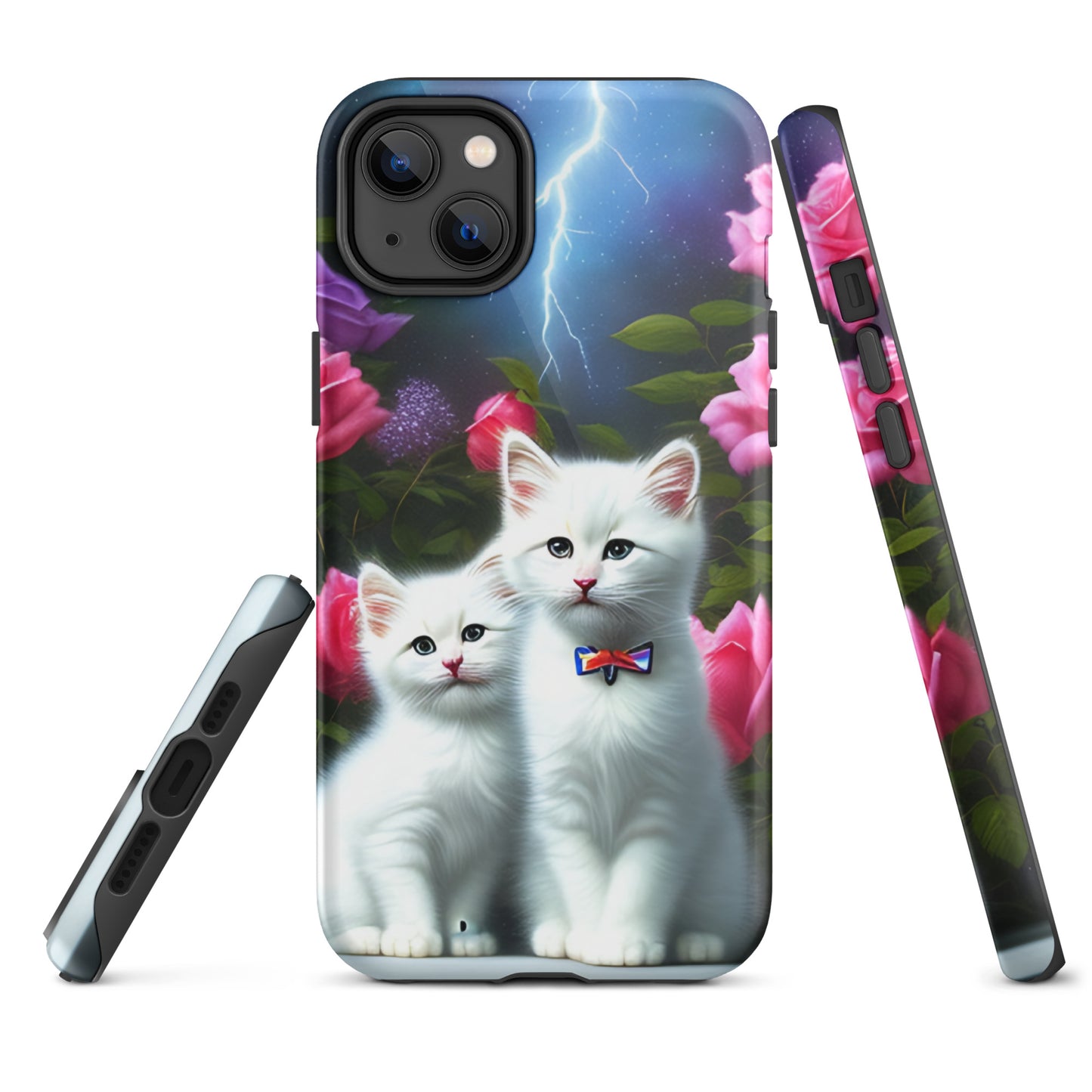 A picture of a iphone tough mobile phone case with 2 white kittens sitting in a flower garden and pink roses - glossy-iphone-14-plus-front