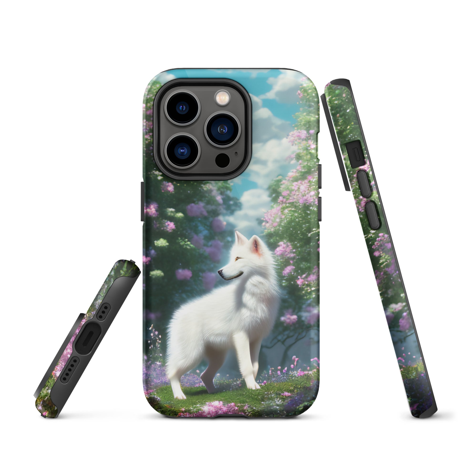 A fantasy picture of white wolf iPhone tough case full picture of a lone white wolf standing in a garden full of flowers - glossy-iphone-14-pro-front