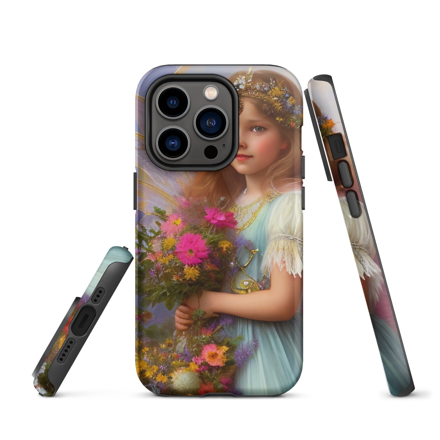 A picture of a iphone tough case with a beautiful young fairy princess, glittering crown and detailed dress. She is holding a bunch of colorful flowers and has very pretty fairy wings   - glossy-iphone-14-pro-front