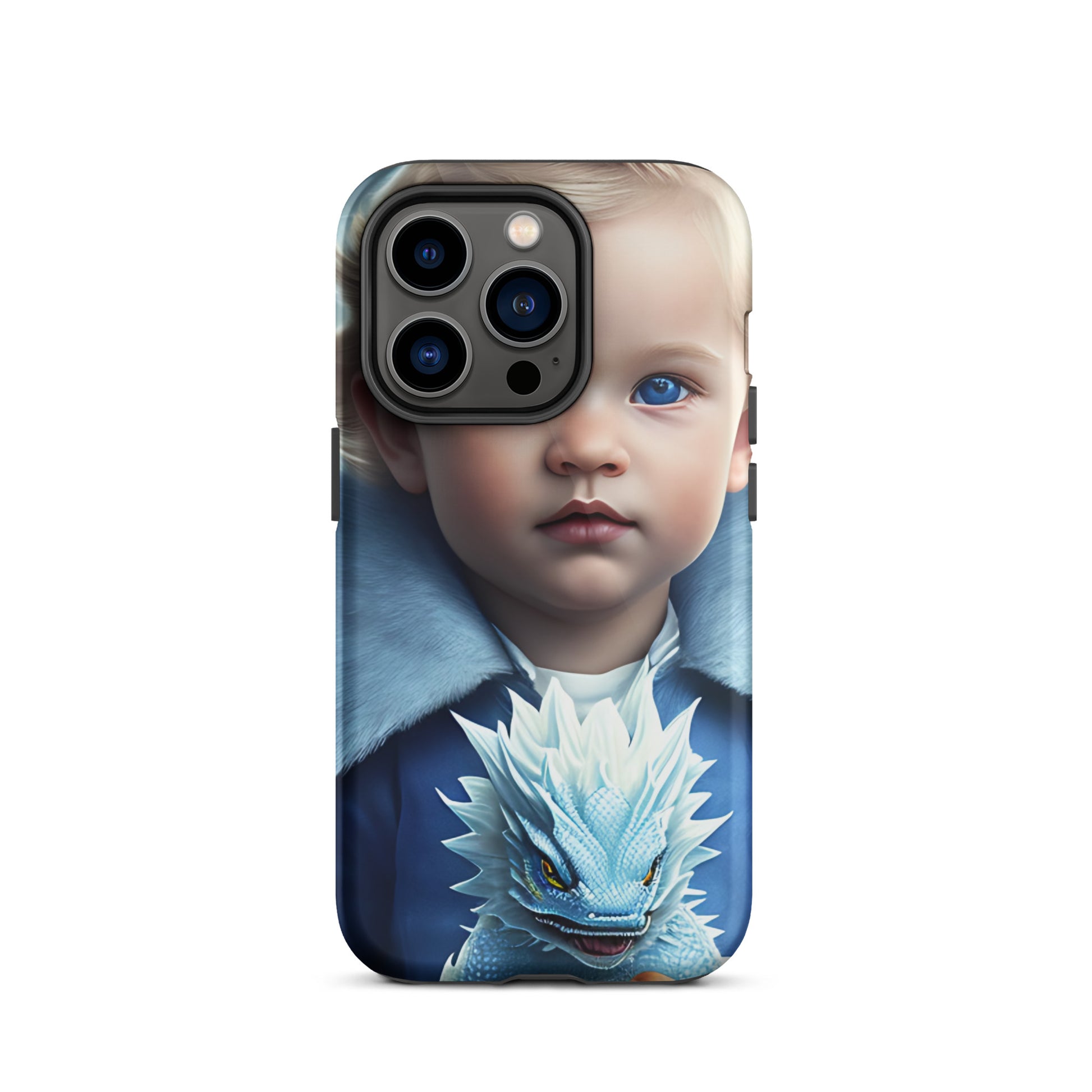 A picture of a an iphone case with a blond haired blue eyed boy, blue top holding a baby ice dragon in front - Dragon Prince #2 tough iphone case - glossy-iphone-14-pro-front