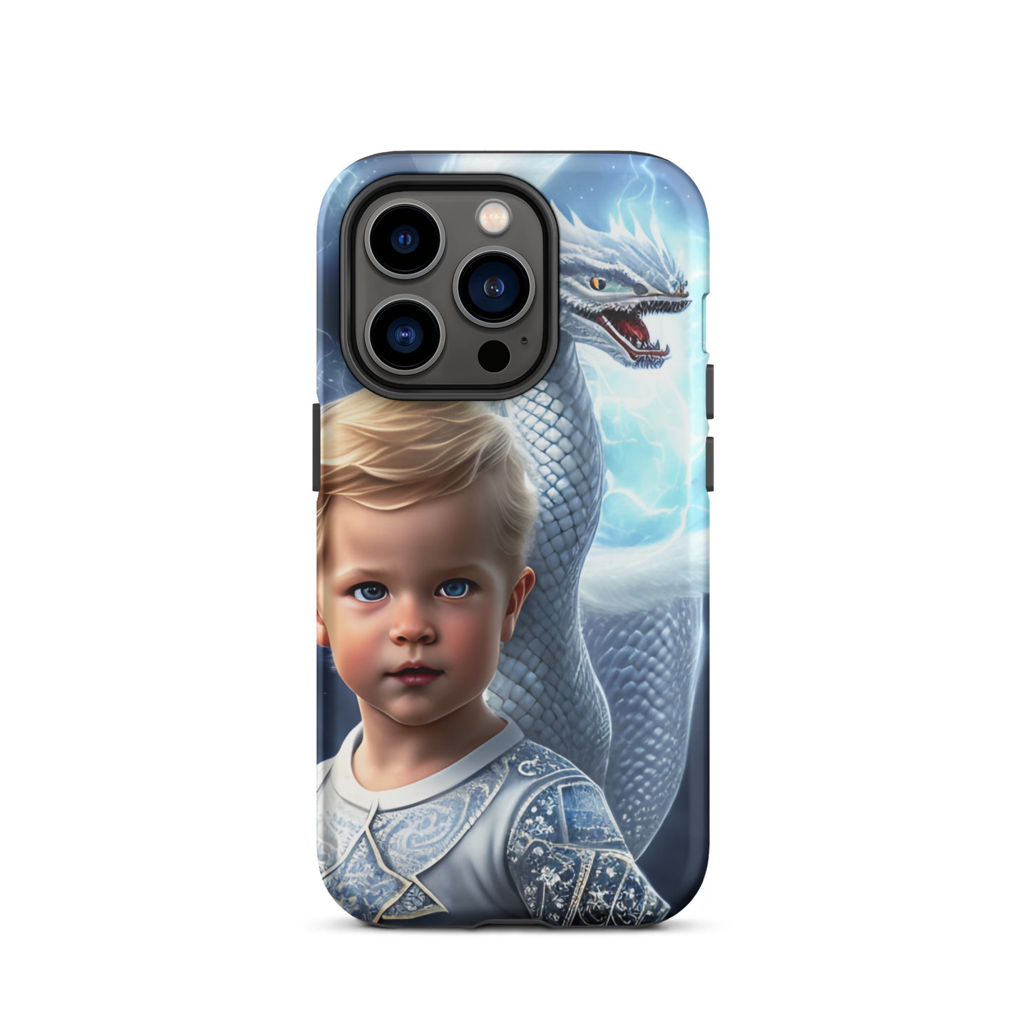 A picture of a an iphone case with a blond haired blue eyed boy, pale blue shirt with white intricate patter Dragon Prince tough iphone case - glossy-iphone-14-pro-front