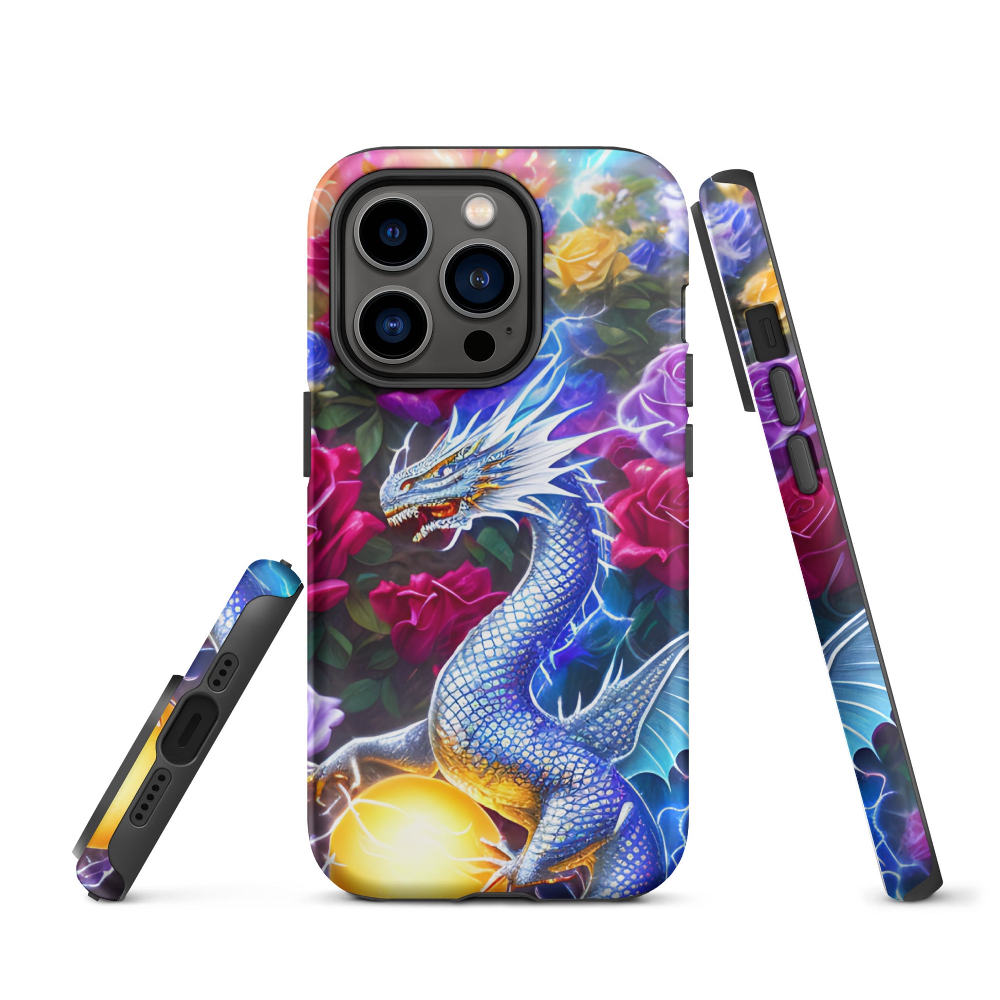 A fantasy picture of Dragon Garden #4 iPhone tough case with many colorful roses and in the middle is a white and blue dragon with a gold dragon egg and crackling lightning bolts - glossy-iphone-14-pro-front