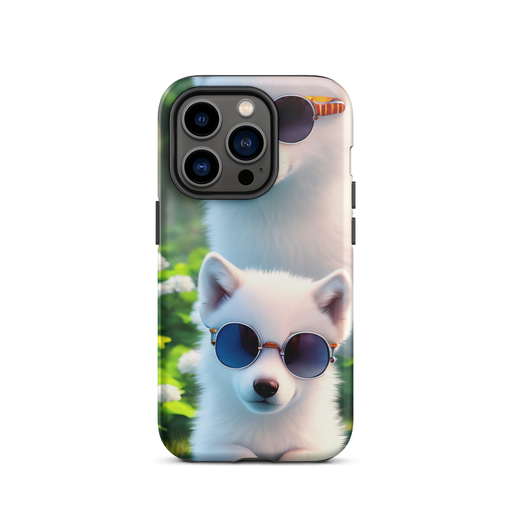 A fantasy picture of 2 white wolf cubs wearing sunglasses iPhone tough case with many colored flowers and 2 wolf cubs  - glossy-iphone-14-profront
