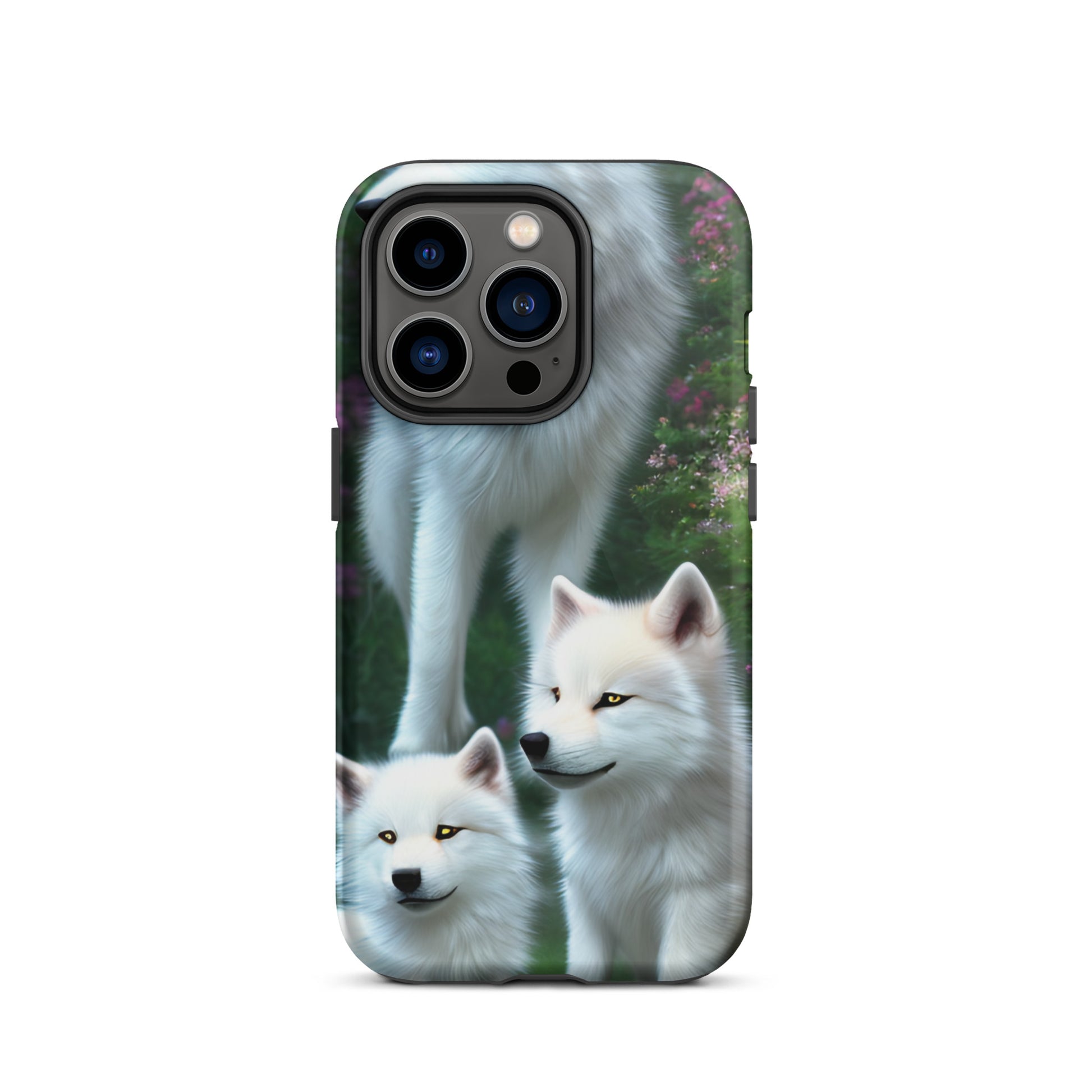 A fantasy picture of white wolves iPhone tough case with many colored flowers and 2 wolf cubs bottom front with an Mother Wolf standing behind - glossy-iphone-14-pro-front