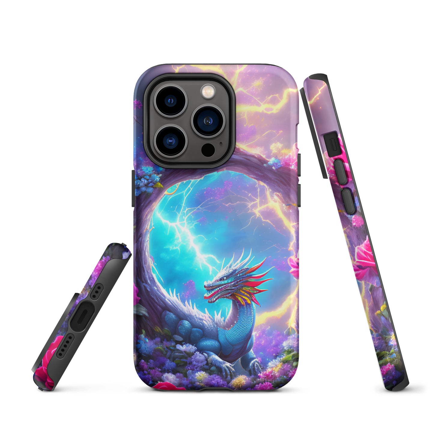 A fantasy picture of Dragon Garden iPhone tough case with many colors of roses and in the middle is a rainbow dragon with lightning bolts - glossy-iphone-14-pro-front