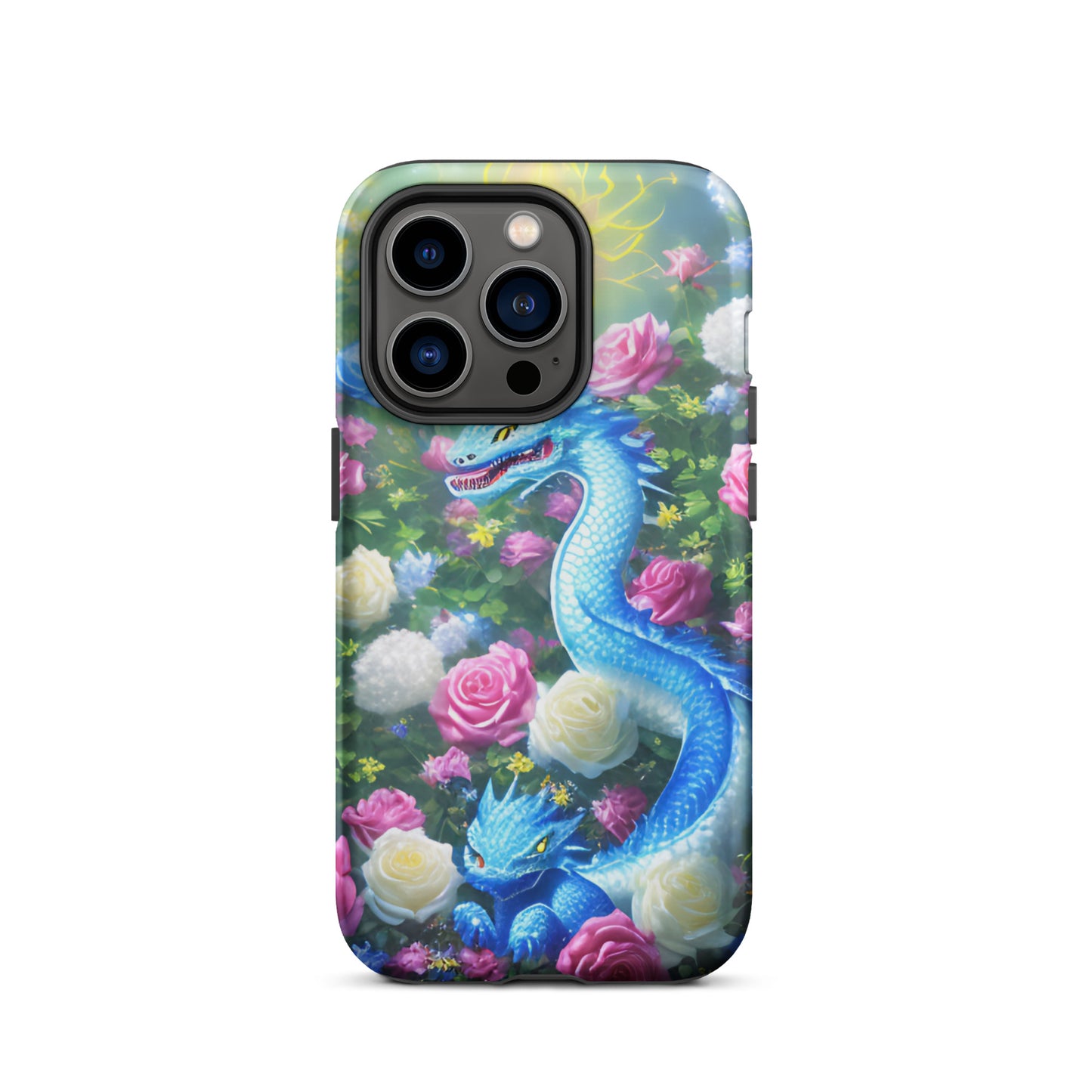 A fantasy picture of Dragon Garden #5 iPhone tough case with many colors of roses and in the middle is a blue dragon with it's baby - glossy-iphone-14-pro-max-front
