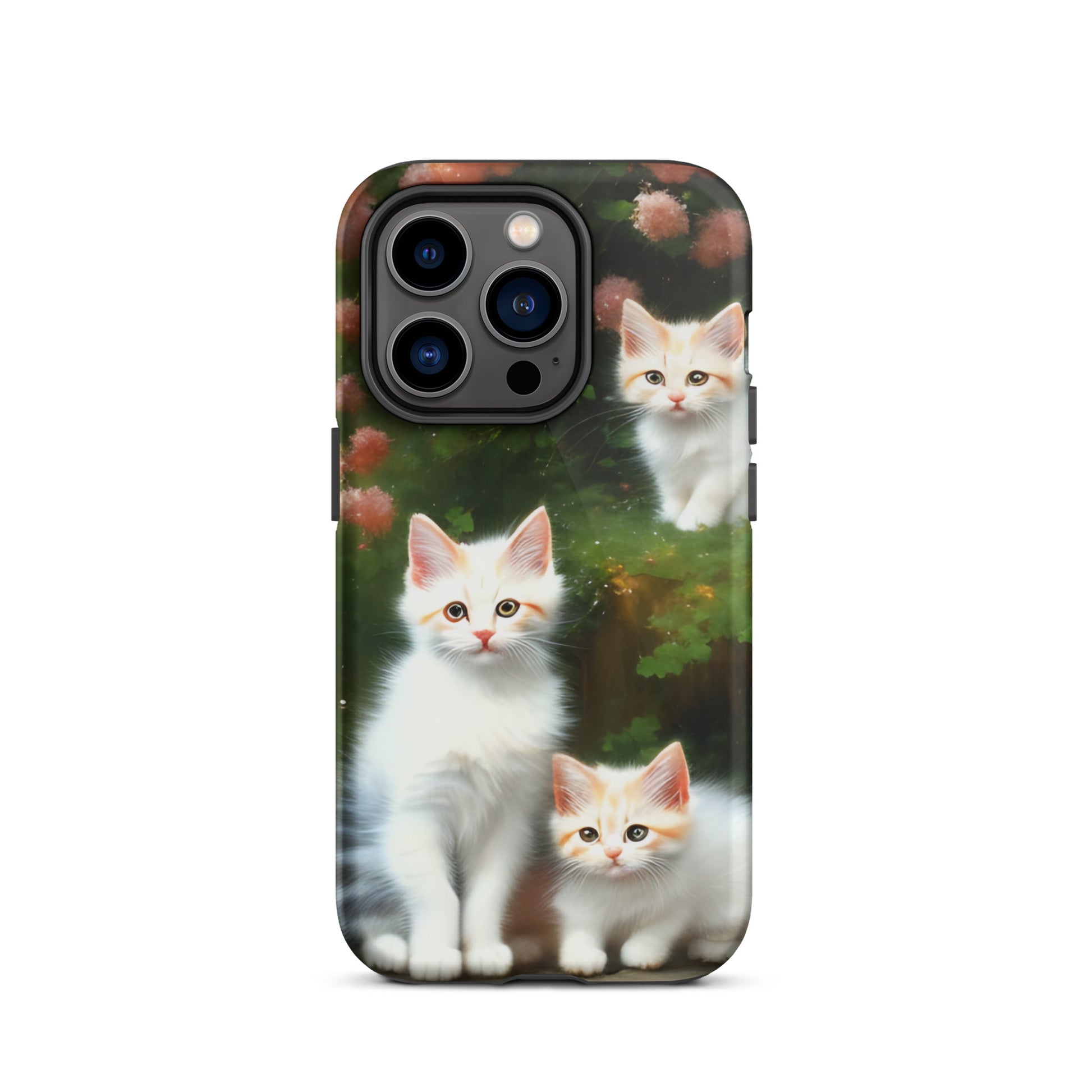 A picture of a iphone tough case with 3 fluffy white and orange kittens and peach colored flowers in the background - glossy-iphone-14-pro-front