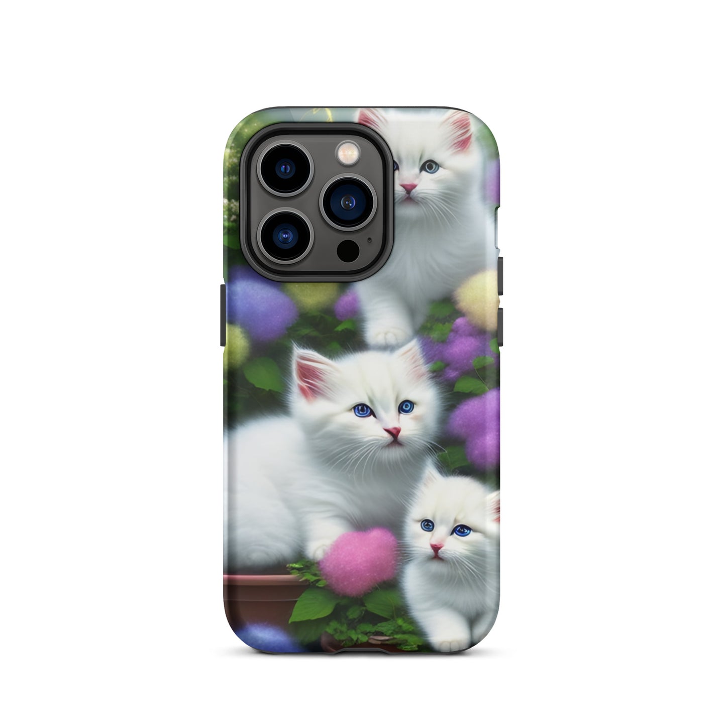 A picture of a iphone tough case with a picture of 3 pure white kittens with blue eyes in a garden filled with flowers - glossy-iphone-14-pro-front