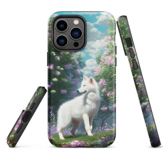 A fantasy picture of white wolf iPhone tough case full picture of a lone white wolf standing in a garden full of flowers - glossy-iphone-14-pro-max-front