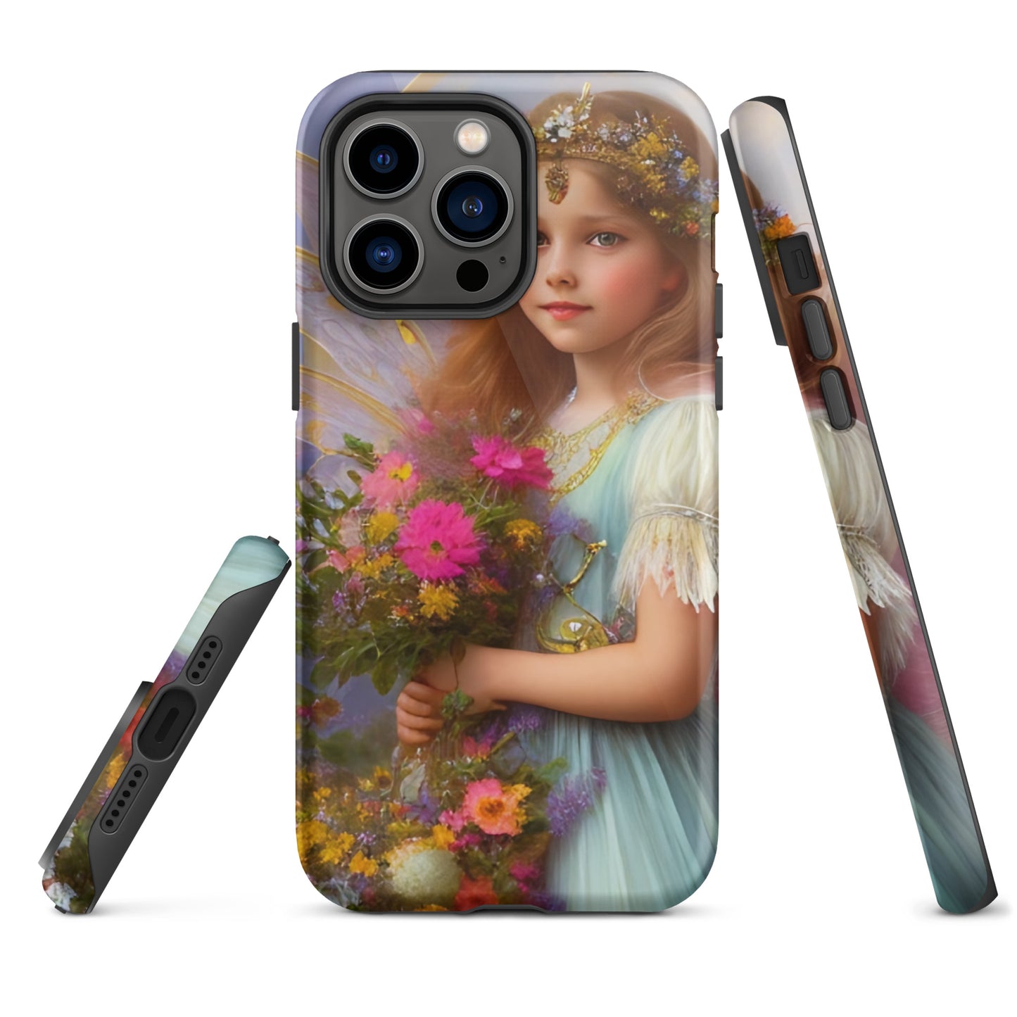 A picture of a iphone tough case with a beautiful young fairy princess, glittering crown and detailed dress. She is holding a bunch of colorful flowers and has very pretty fairy wings   - glossy-iphone-14-pro-max-front