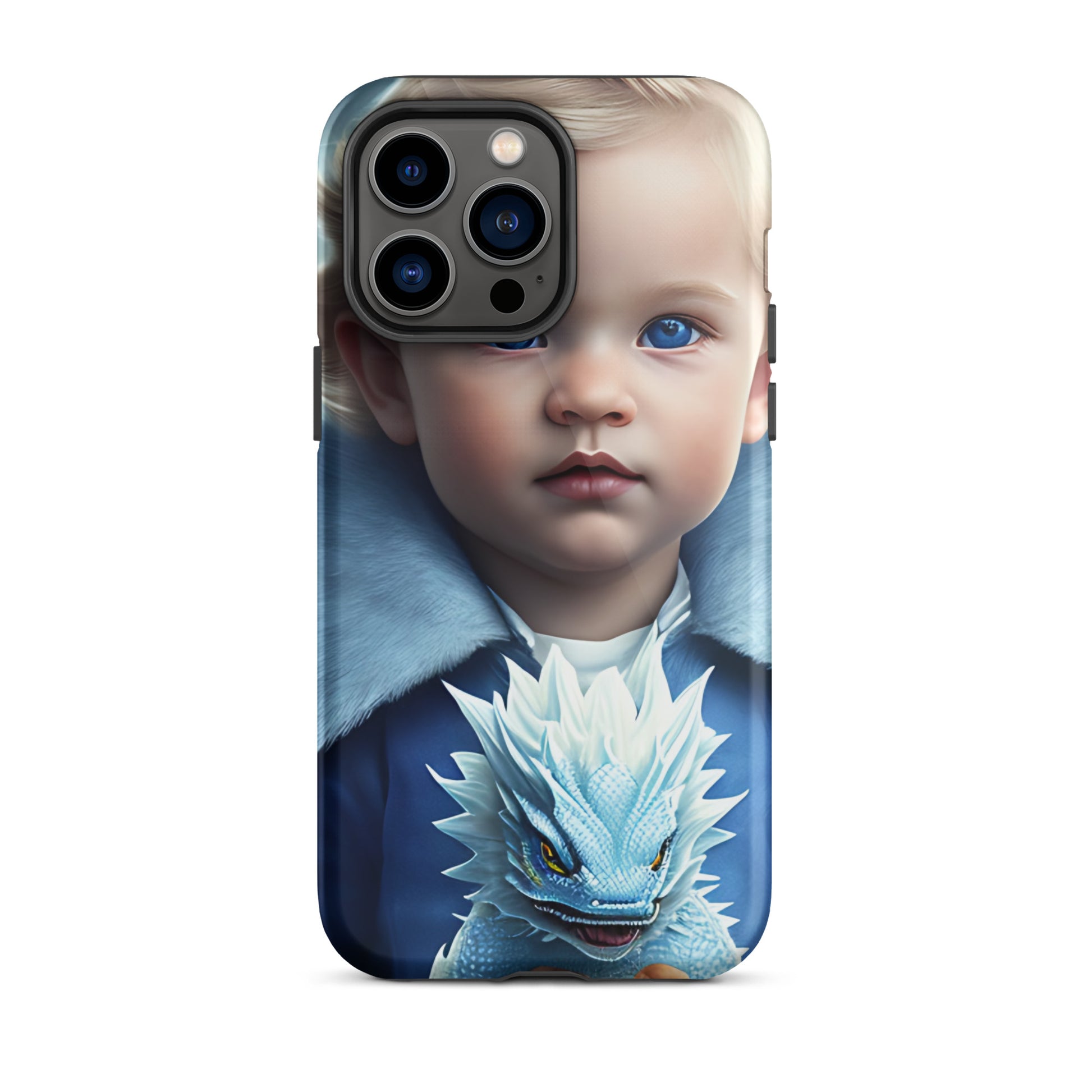 A picture of a an iphone case with a blond haired blue eyed boy, blue top holding a baby ice dragon in front - Dragon Prince #2 tough iphone case - glossy-iphone-14-pro-max-front