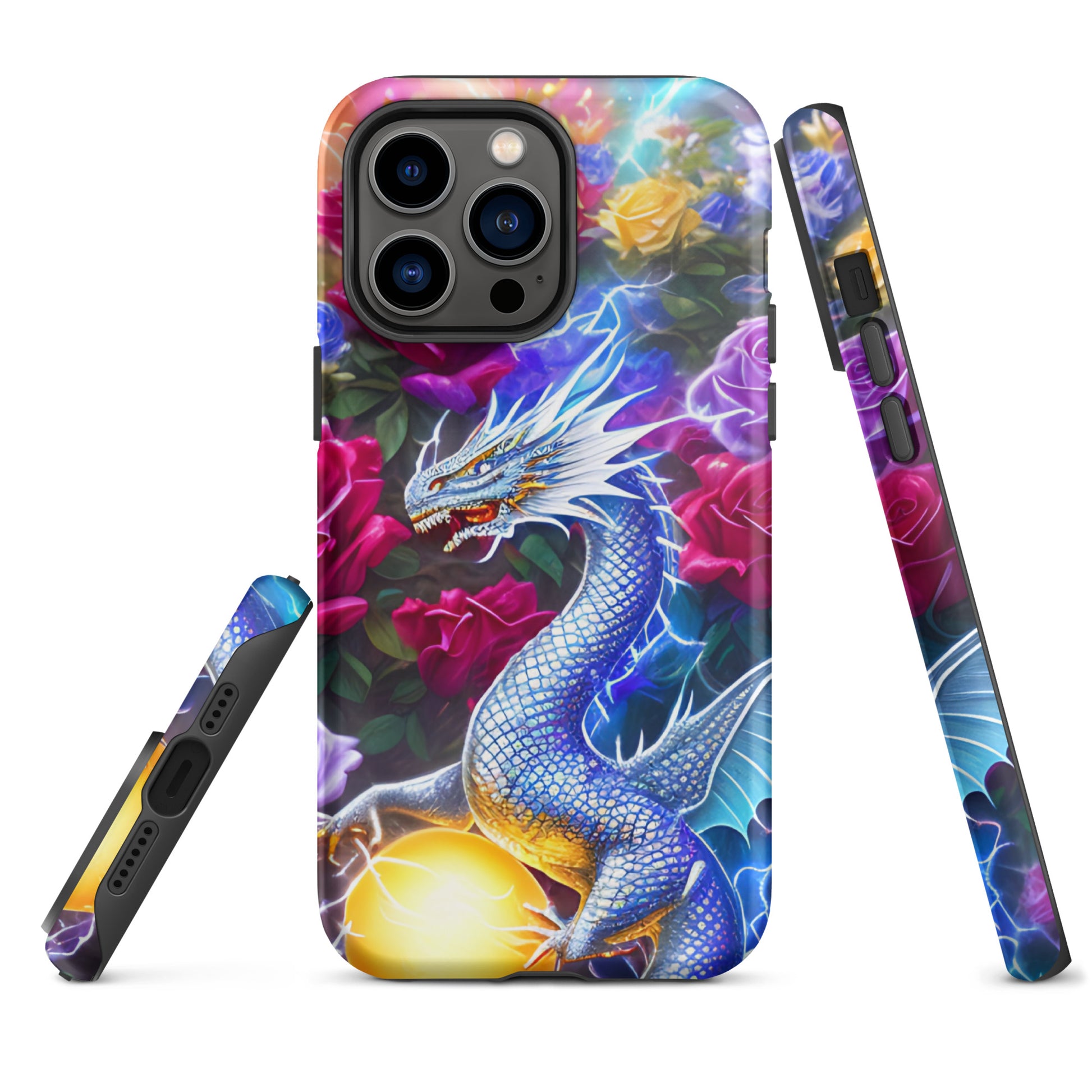 A fantasy picture of Dragon Garden #4 iPhone tough case with many colorful roses and in the middle is a white and blue dragon with a gold dragon egg and crackling lightning bolts - glossy-iphone-14-pro-max-front