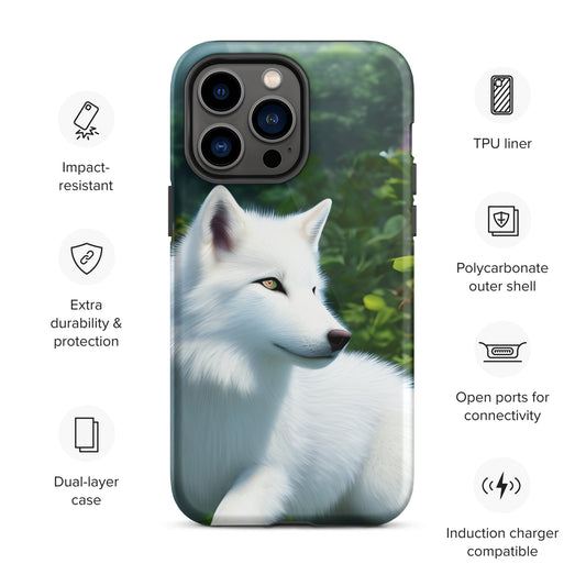 A fantasy picture of White Wolf #2 iPhone tough case with a pure white wolf laying down head up and alert - glossy-iphone-14-pro-max-front