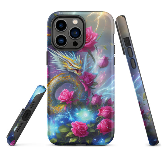 A fantasy picture of Dragon Garden #3 iPhone tough case with pink of roses and in the middle is a blue and gold dragon with colorful lightning bolts - glossy-iphone-14-pro-max-front