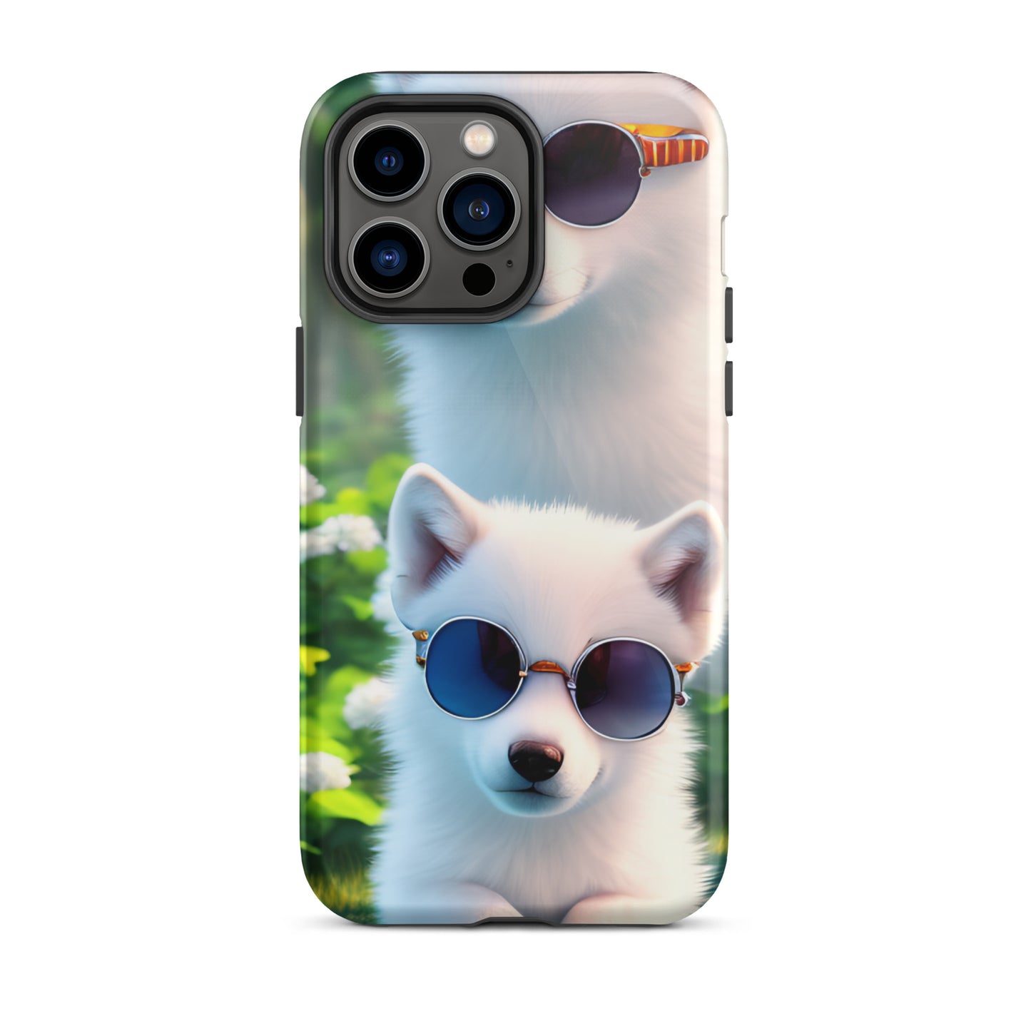 A fantasy picture of 2 white wolf cubs wearing sunglasses iPhone tough case with many colored flowers and 2 wolf cubs  - glossy-iphone-14-pro-max-front