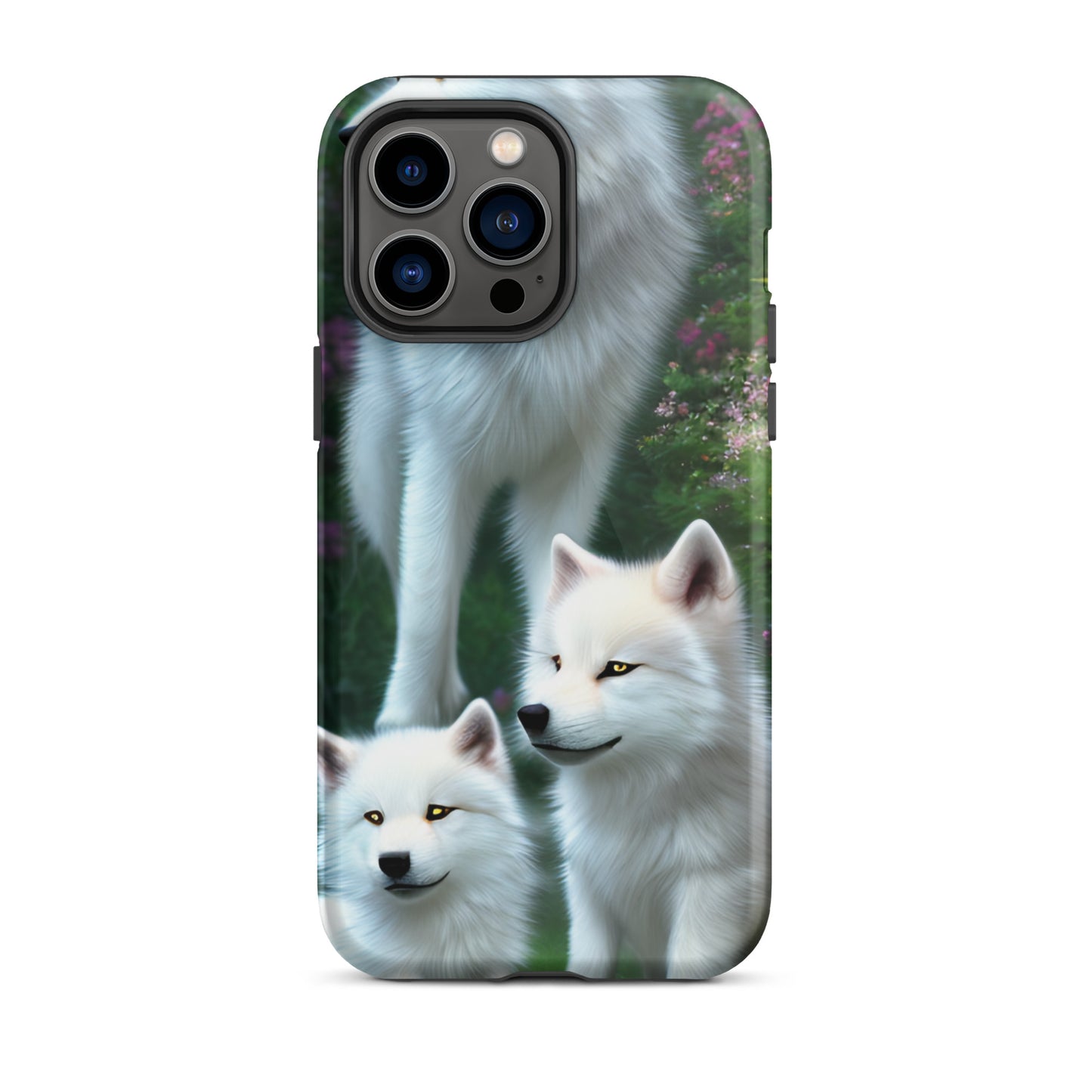 A fantasy picture of white wolves iPhone tough case with many colored flowers and 2 wolf cubs bottom front with an Mother Wolf standing behind - glossy-iphone-14-pro-max-front