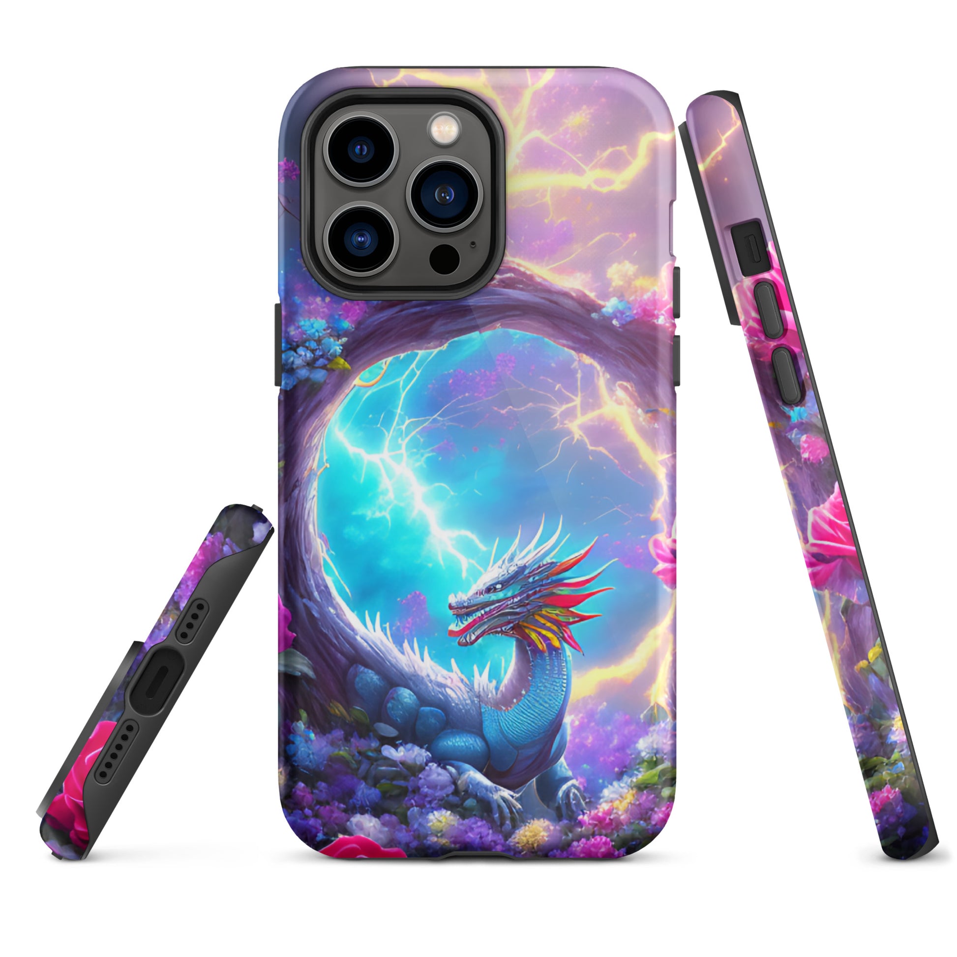 A fantasy picture of Dragon Garden iPhone tough case with many colors of roses and in the middle is a rainbow dragon with lightning bolts - glossy-iphone-14-pro-max-front