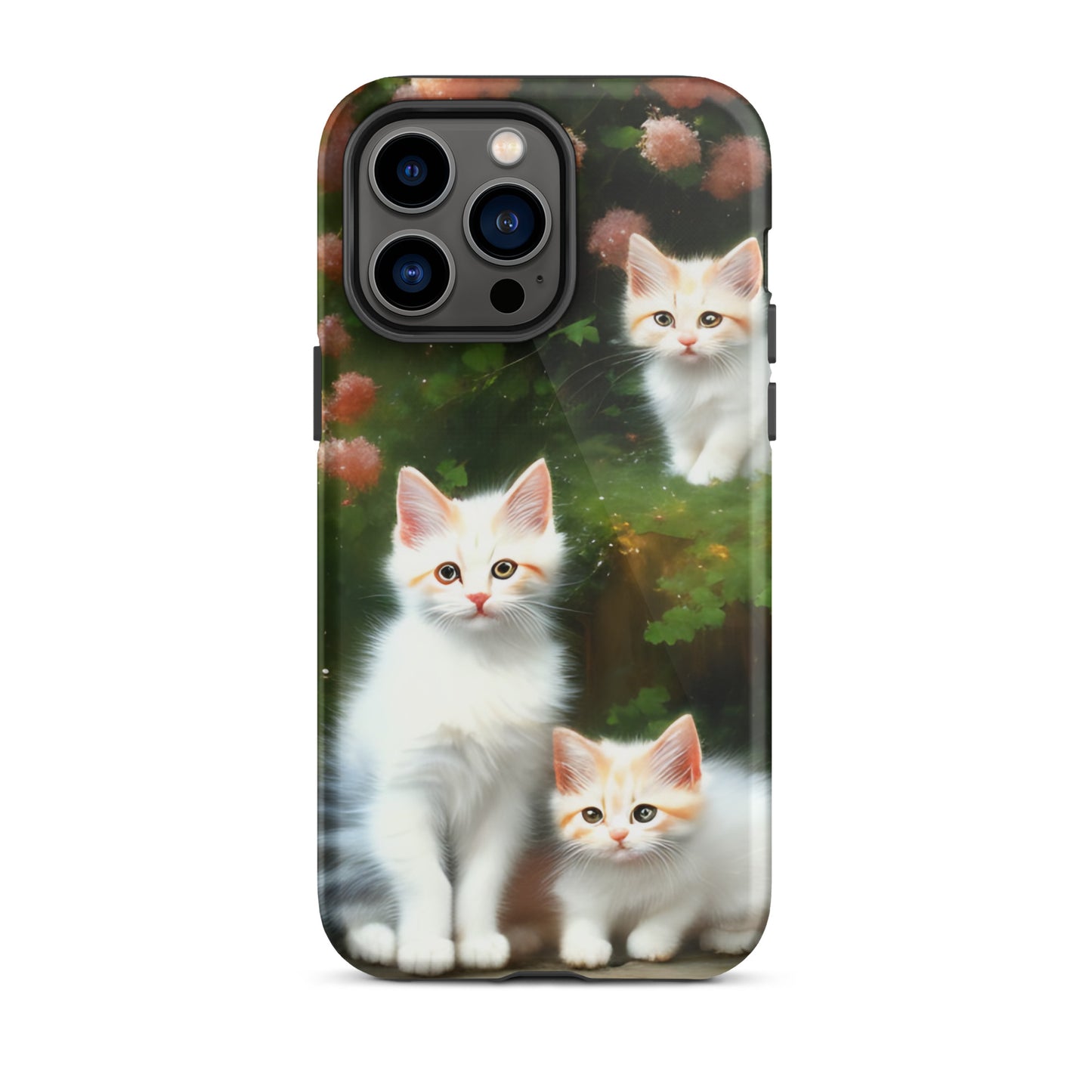A picture of a iphone tough case with 3 fluffy white and orange kittens and peach colored flowers in the background - glossy-iphone-14-pro-max-front