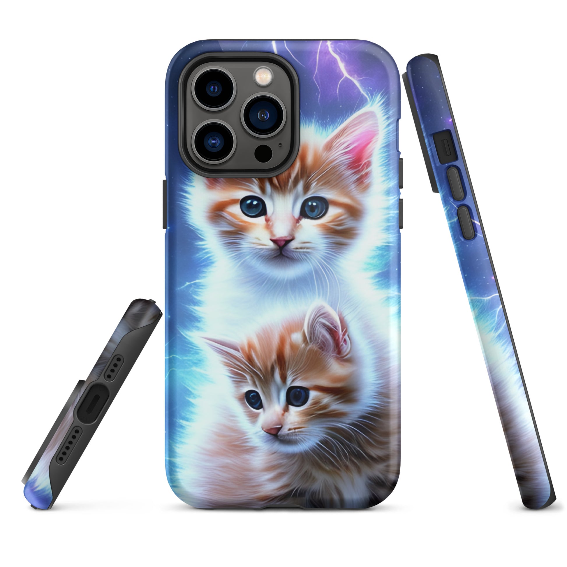 A picture of a iphone tough mobile phone case with fluffy 2 orange and white kittens against a stormy background - glossy-iphone-14-pro-max-front