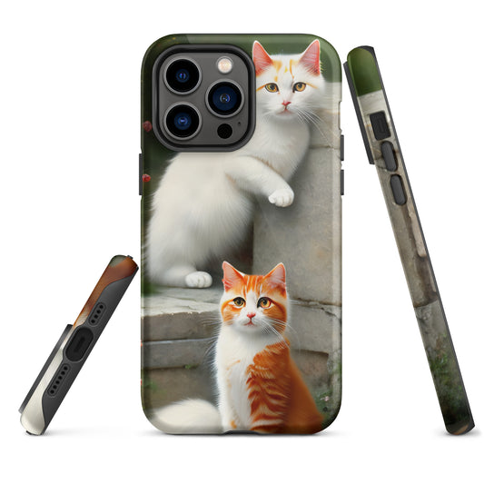 A picture of a iphone tough mobile phone case with 2 orange and white cats sitting on some steps - glossy-iphone-14-pro-max-front