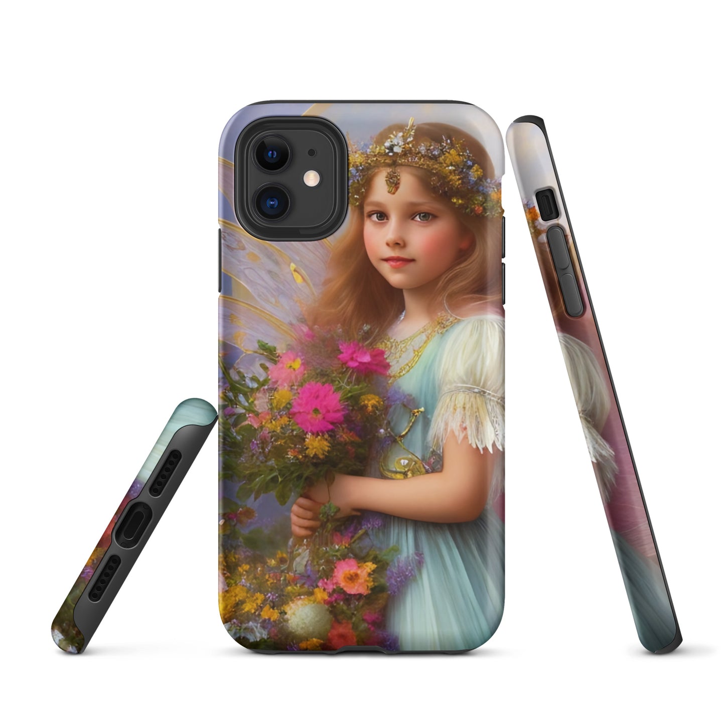 A picture of a iphone tough case with a beautiful young fairy princess, glittering crown and detailed dress. She is holding a bunch of colorful flowers and has very pretty fairy wings   - matte-iphone-11-front