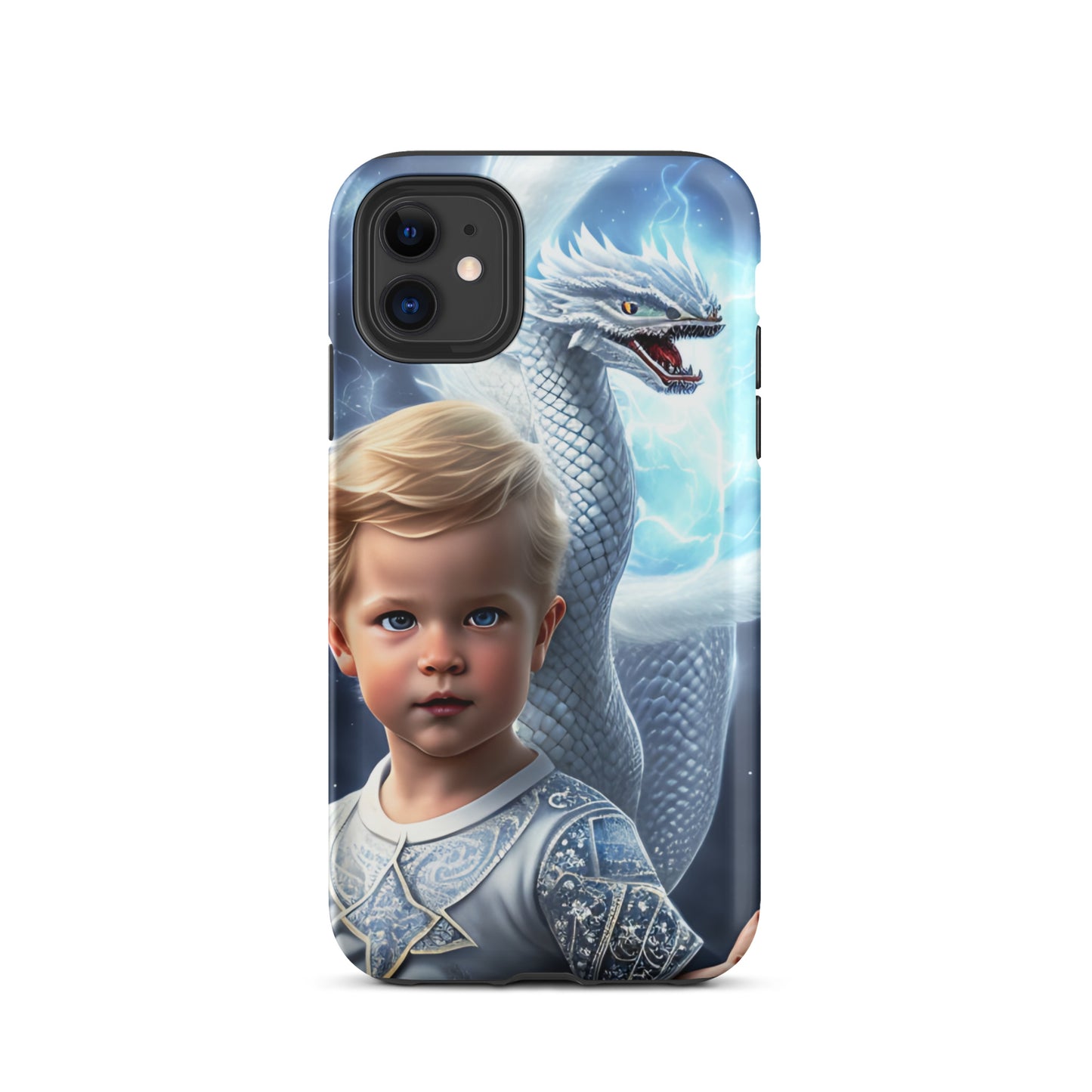 A picture of a an iphone case with a blond haired blue eyed boy, pale blue shirt with white intricate patter Dragon Prince tough iphone case - matte-iphone-11-front