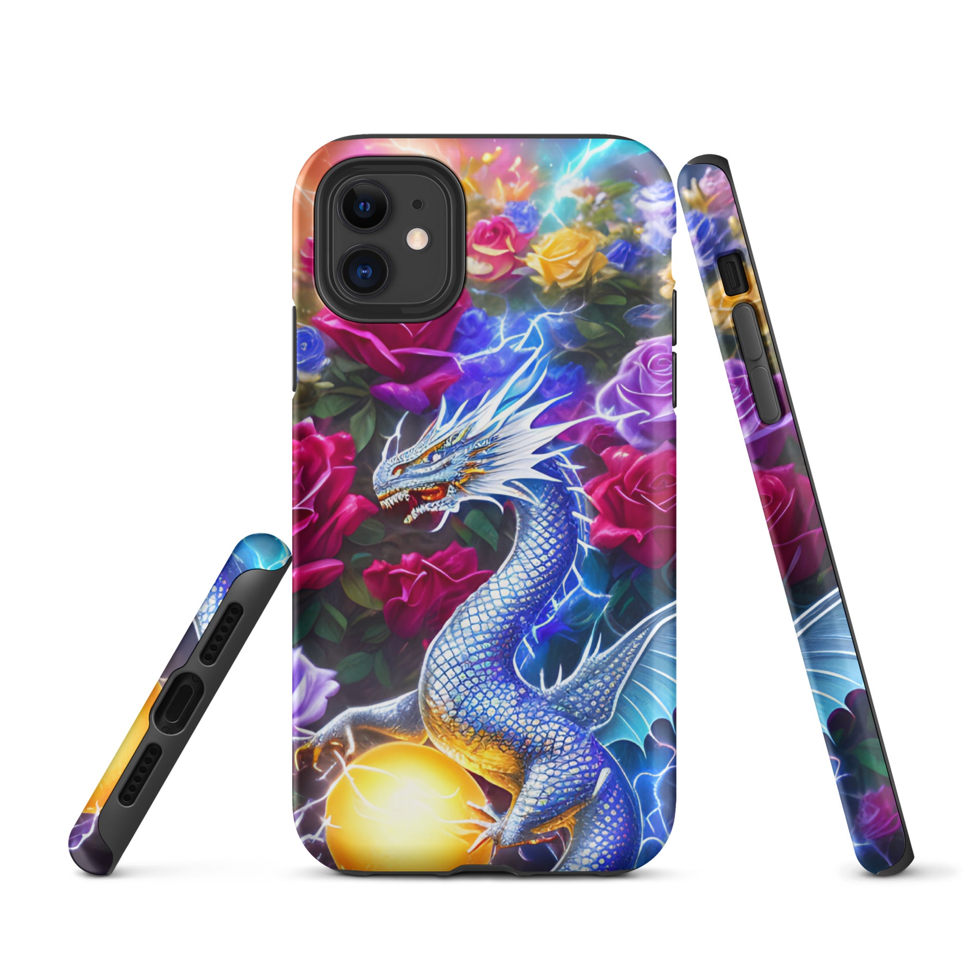 A fantasy picture of Dragon Garden #4 iPhone tough case with many colorful roses and in the middle is a white and blue dragon with a gold dragon egg and crackling lightning bolts - matte-iphone-11-front