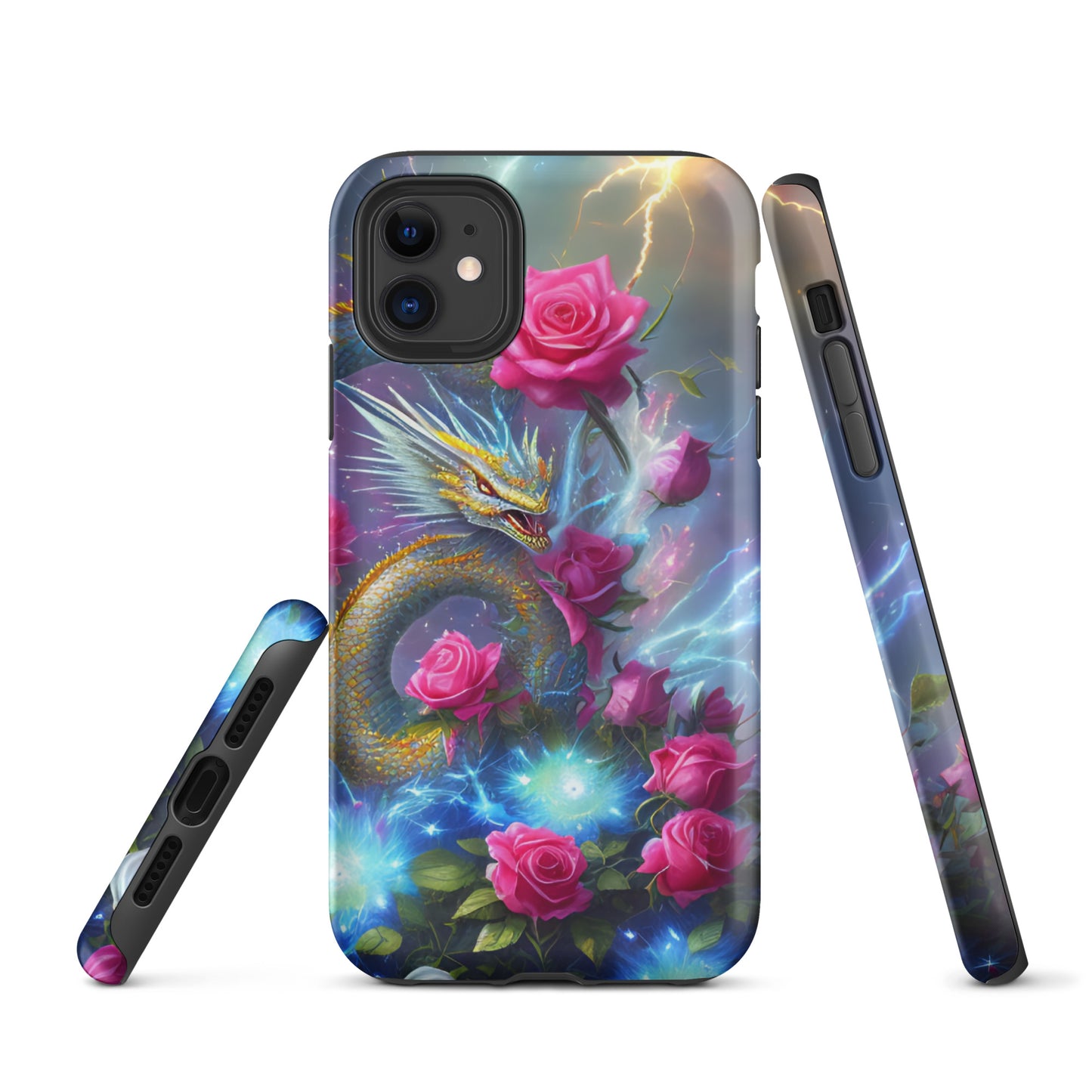 A fantasy picture of Dragon Garden #3 iPhone tough case with pink of roses and in the middle is a blue and gold dragon with colorful lightning bolts - matte-iphone-11-front