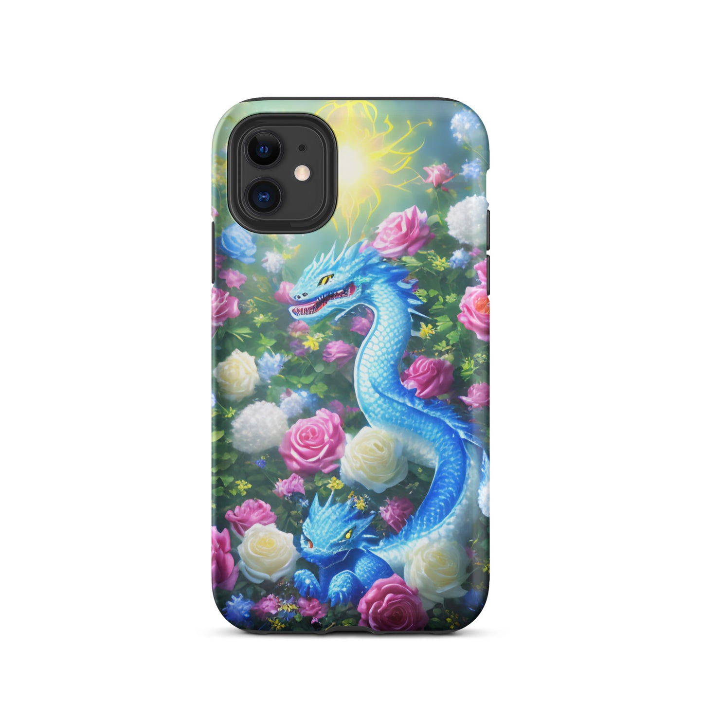 A fantasy picture of Dragon Garden #5 iPhone tough case with many colors of roses and in the middle is a blue dragon with it's baby - matte-iphone-11-front